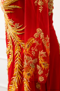 Red Bridal Ao Dai | Vietnamese Modern Bridal Dress with Phoenix Embroidery (#LYS) - Dream Dresses by P.M.N.