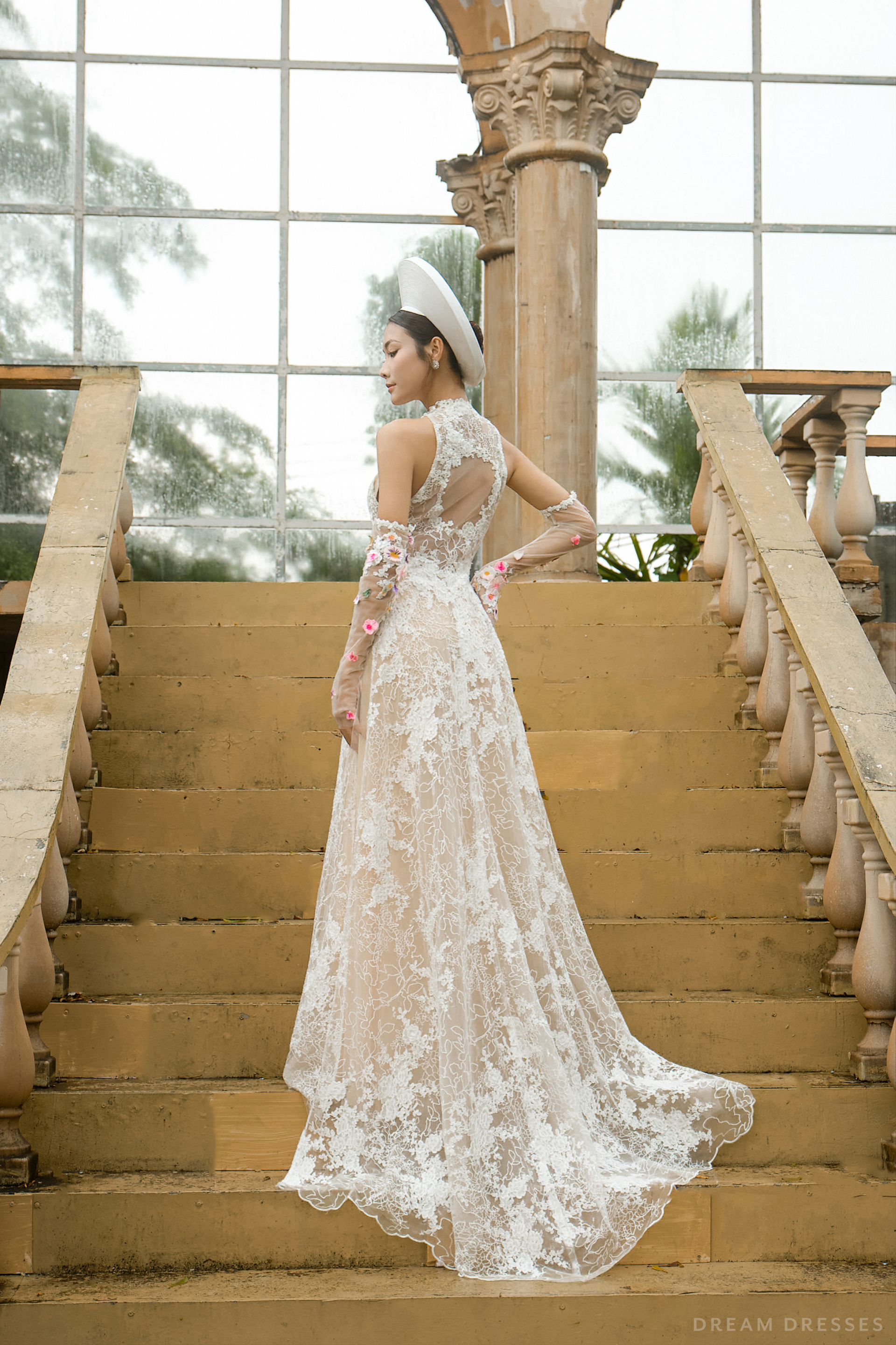 Modern White Bridal Ao Dai with Couture Lace (#ROSABELLA)