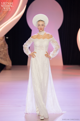 White Bridal Ao Dai | Modern Vietnamese Bridal Dress with French Lace (#MAGNOLIA)