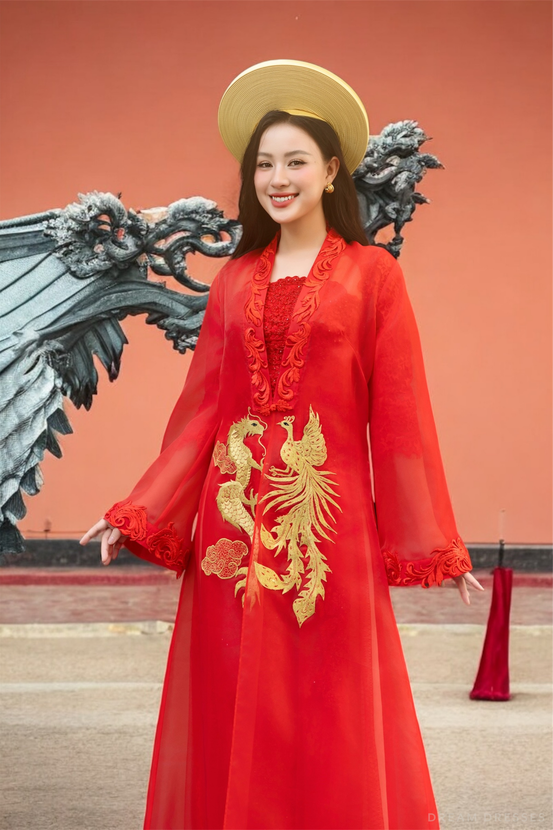 Red and Gold Ao Dai OverCoat | Traditional Vietnamese Bridal OverCoat  (#ANNA) - Dream Dresses by P.M.N.