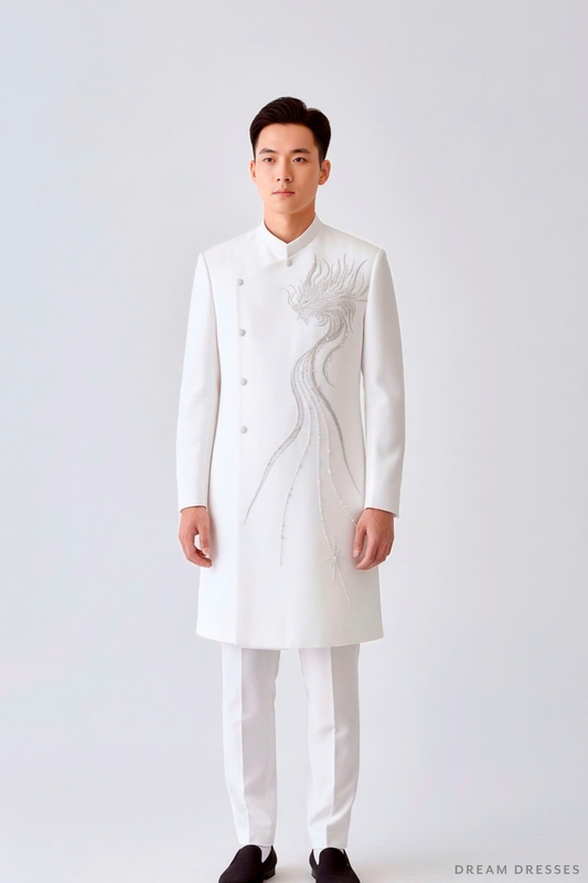 White Groom Ao Dai Jacket with Dragon Embroidery | Vietnamese Ao Dai (#DUNG) - Dream Dresses by P.M.N.
