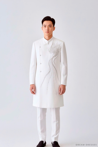 White Groom Ao Dai Jacket with Dragon Embroidery | Vietnamese Ao Dai (#DUNG) - Dream Dresses by P.M.N.
