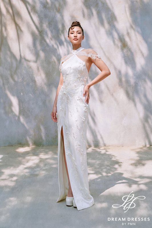 Light Ivory Modern Cheongsam Bridal Dress (#NIAN) - Dream Dresses by P.M.N.