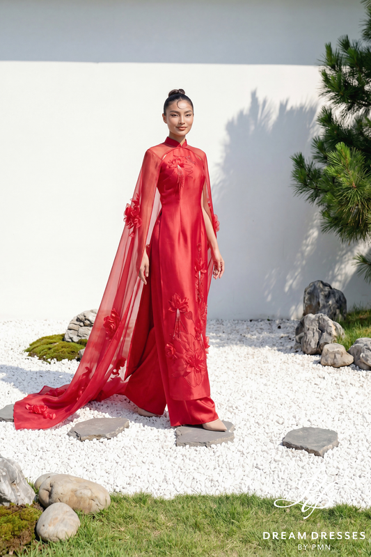 Red Bridal Ao Dai with High Fashion Sleeves (#LOAN) - Dream Dresses by P.M.N.
