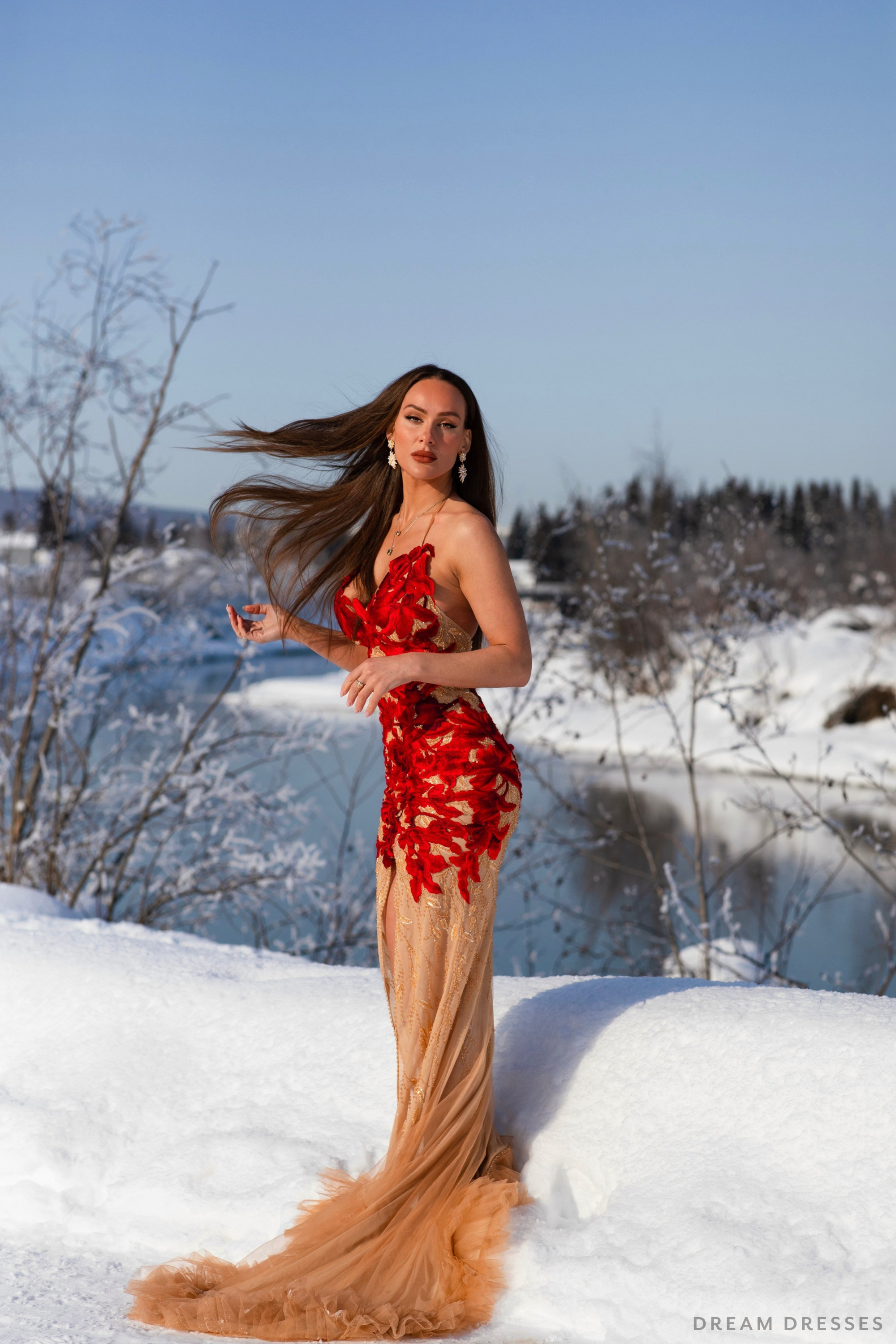 Red Evening Gown with Custom Embroidery (#LILIANE)