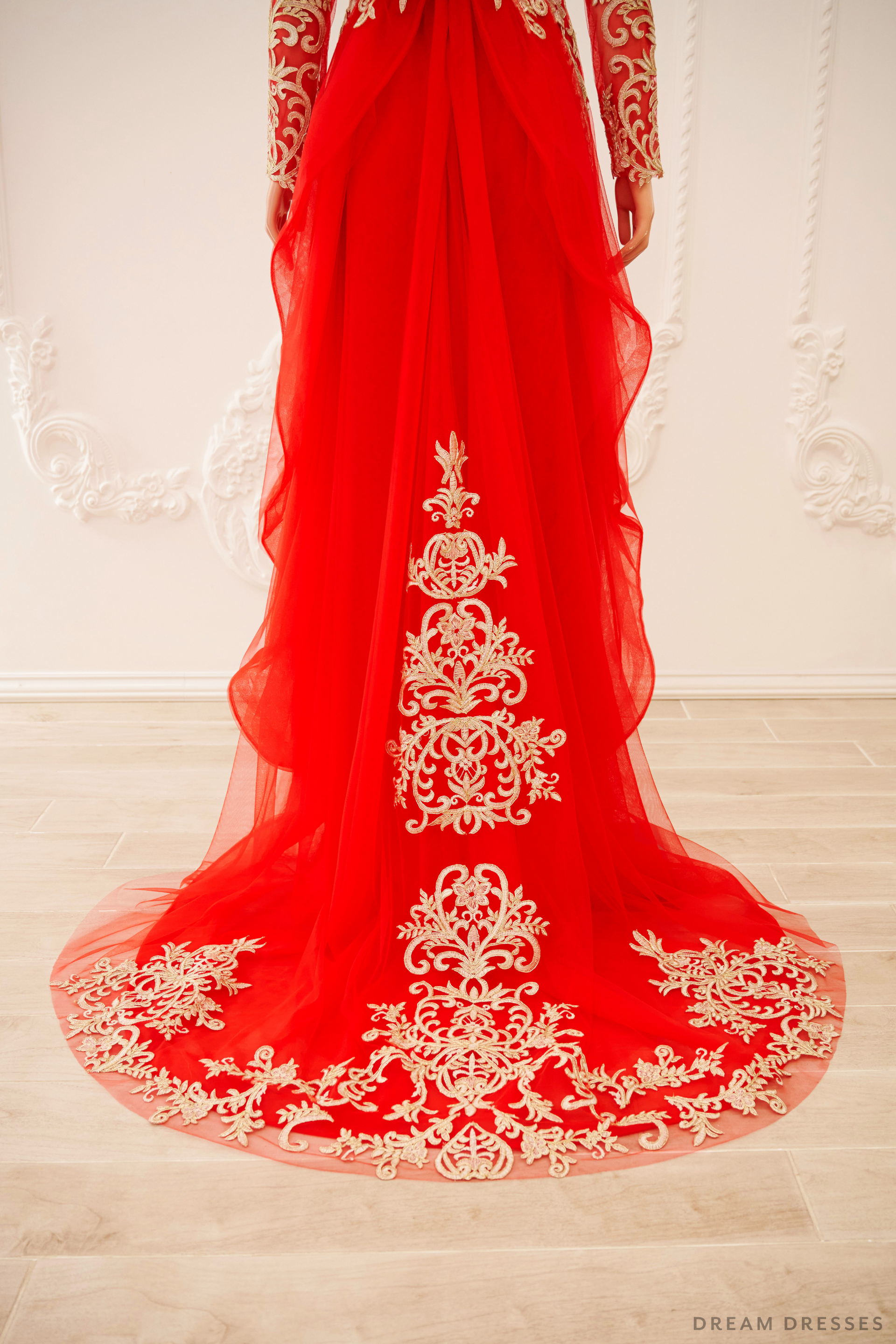 DreamDress By PMN Giatue Ao Dai Inspired Wedding Dress Gown Illusion Neckline See-Through Back Chiffon Pants Long Sleeves