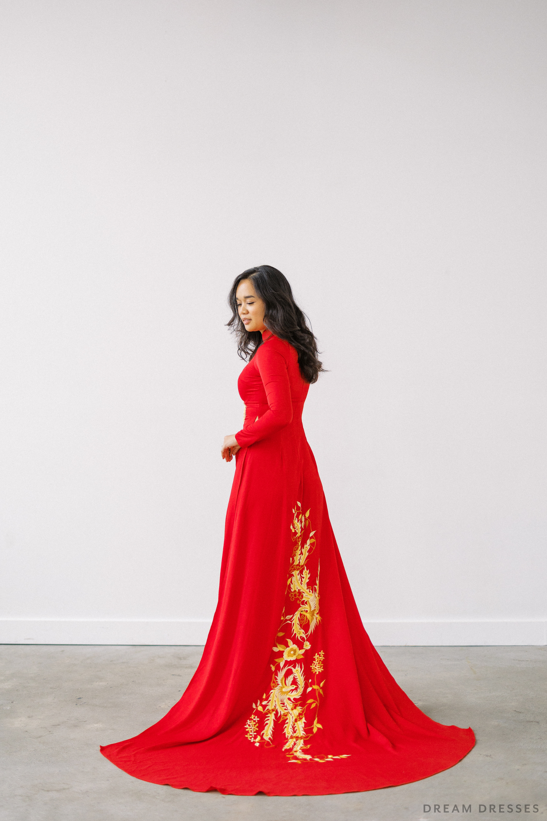 Red Bridal Ao Dai | Vietnamese Traditional Bridal Dress with Phoenix Embroidery (#PING) - Dream Dresses by P.M.N.