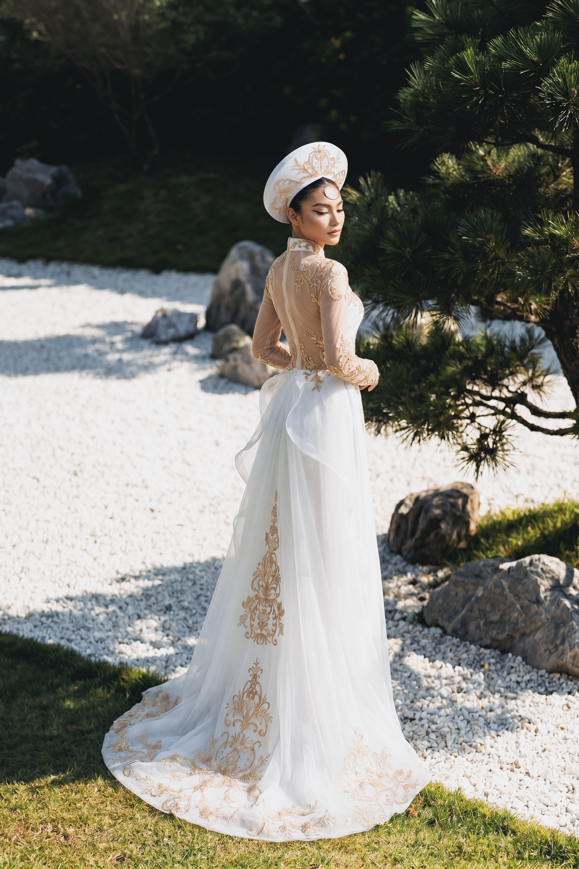 DreamDress By PMN Imperial Ao Dai Inspired Wedding Dress Gown White Illusion Sweatheart Gold Accents Embellishments Chiffon Pants