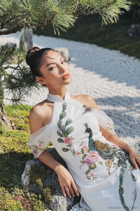 White Bridal Ao Dai with Peacock Embellishments | Modern Vietnamese Bridal Dress (#AILA) - Dream Dresses by P.M.N.