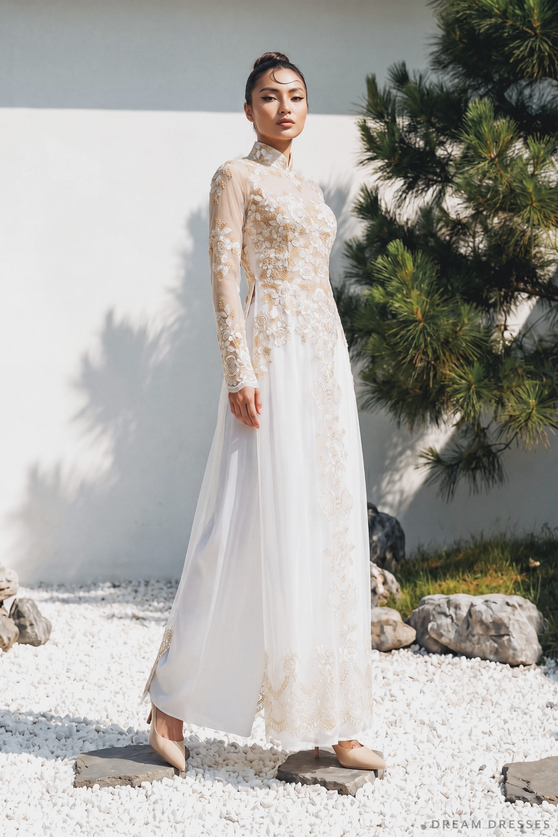DreamDress By PMN Ivy Ao Dai Inspired Wedding Dress Gown White Illusion Front & Back Gold Beadings Floral Embellished