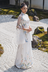 White Bridal Ao Dai with Colorful Embroidery (#XUAN) - Dream Dresses by P.M.N.