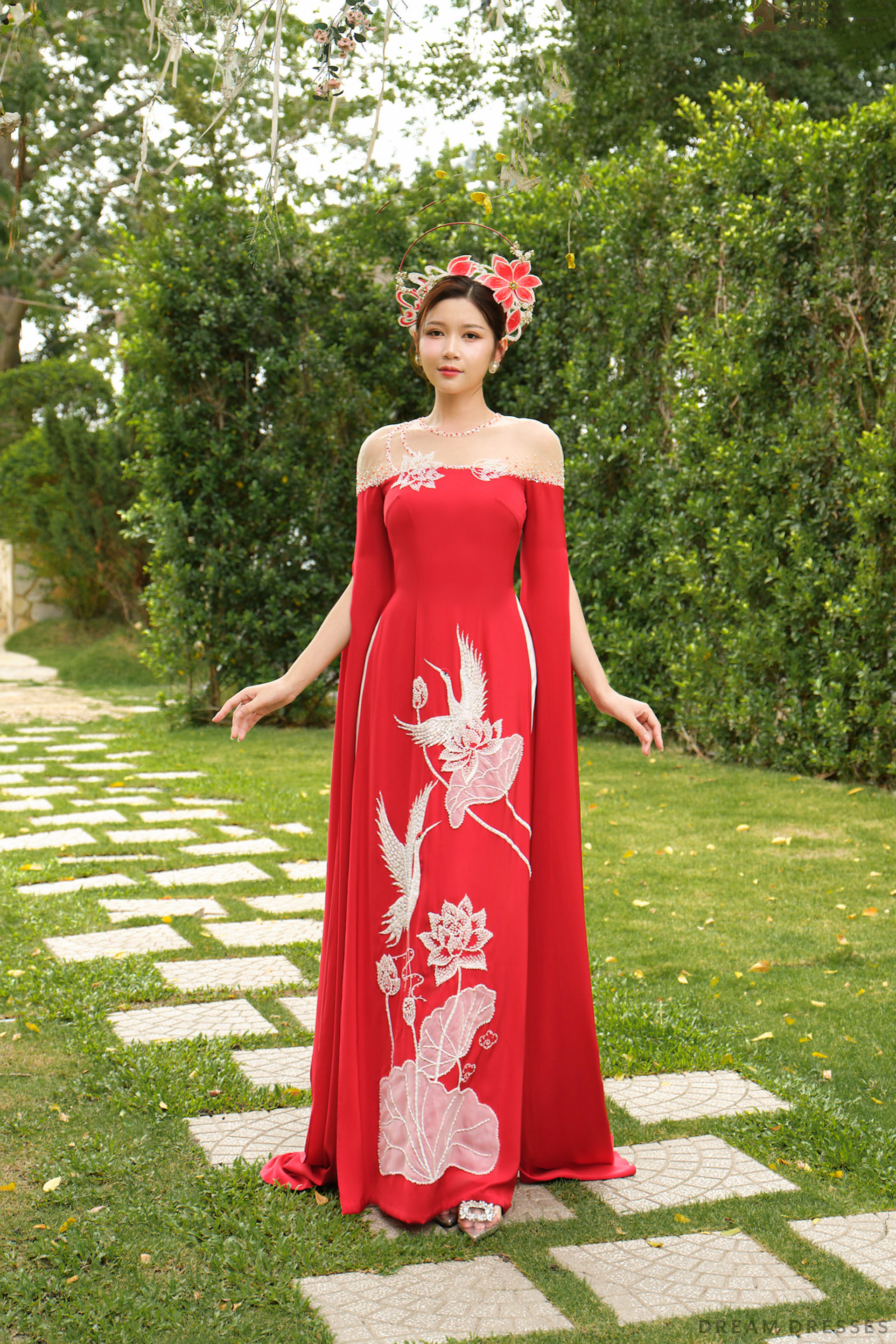 DreamDress By PMN Clarissa Ao Dai Inspired Red Wedding Dress Gown Illusion Off Shoulder Handmade Lotus Birds Embellishments White Pants