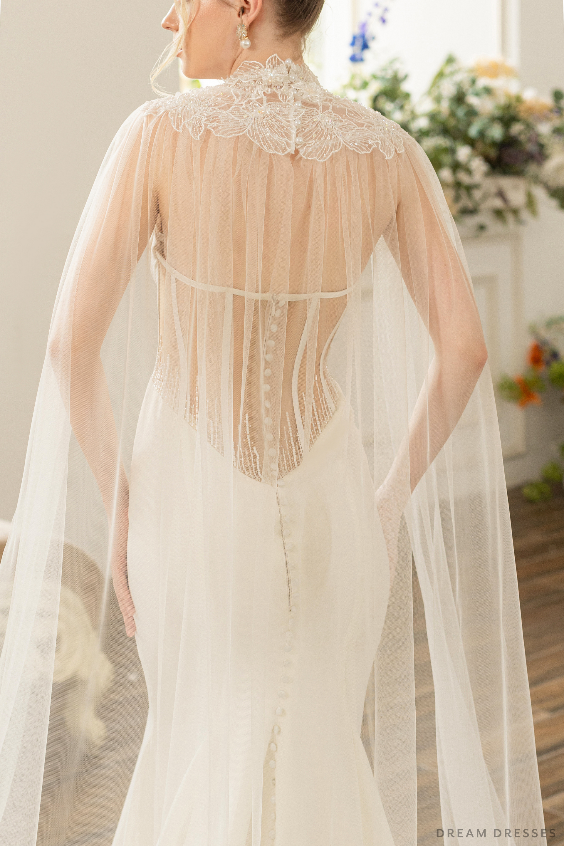 Couture Floral Lace Bridal Cape (#ELOSIA) - Dream Dresses by P.M.N.