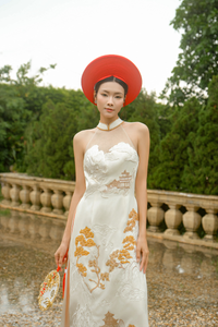White Bridal Embroidery Ao Dai | Modern Vietnamese Bridal Dress (#YULAN) - Dream Dresses by P.M.N.