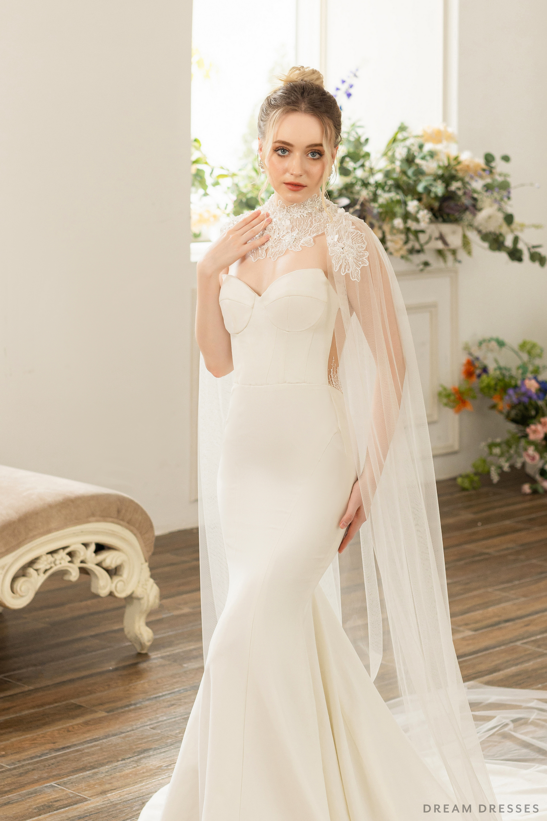 Couture Floral Lace Bridal Cape (#ELOSIA) - Dream Dresses by P.M.N.