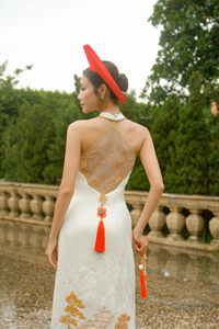 White Bridal Embroidery Ao Dai | Modern Vietnamese Bridal Dress (#YULAN) - Dream Dresses by P.M.N.