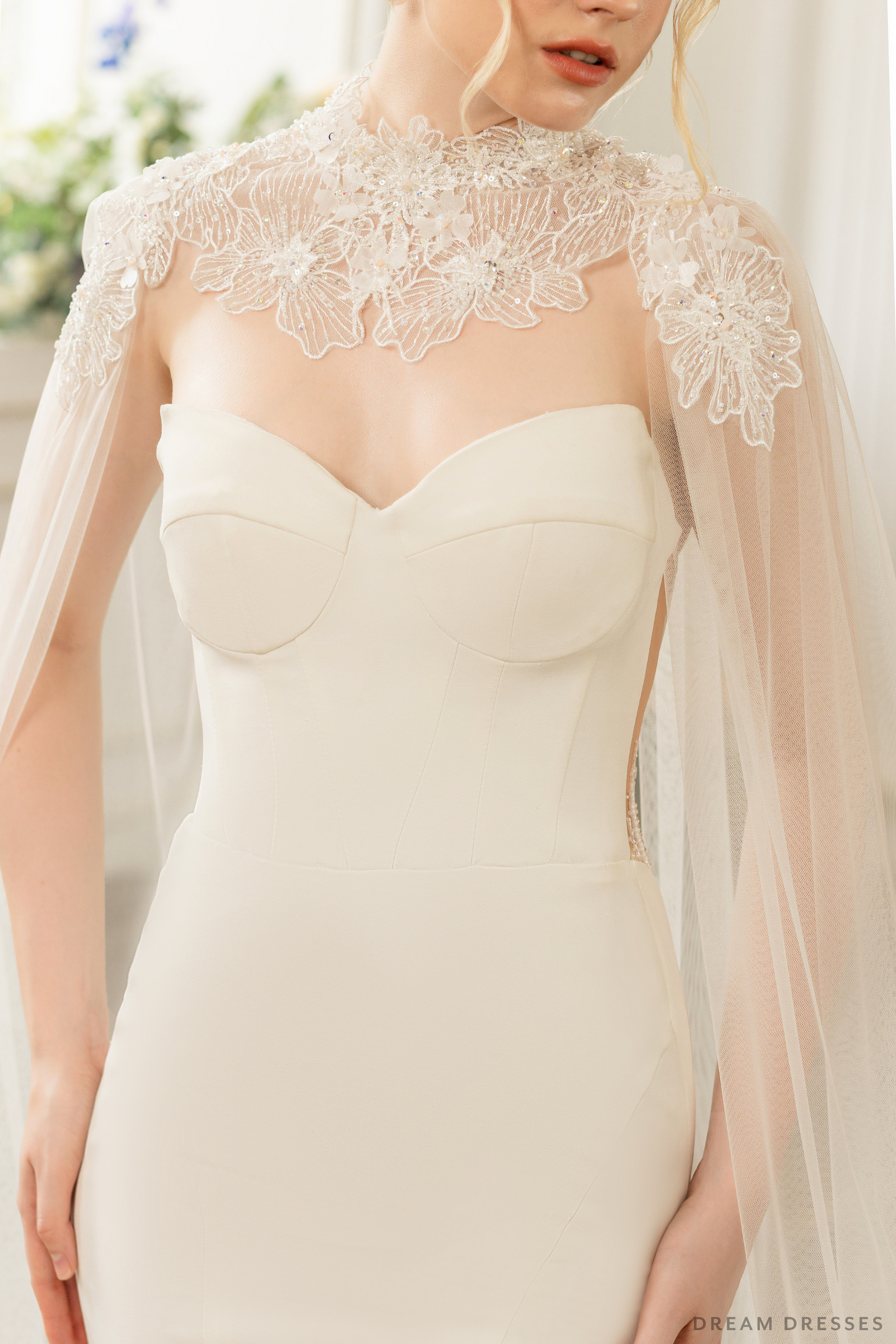 Couture Floral Lace Bridal Cape (#ELOSIA) - Dream Dresses by P.M.N.