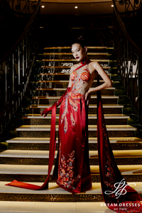 Red Phoenix Embroidered Modern Bridal Ao Dai (#XICHPHUONG) - Dream Dresses by P.M.N.