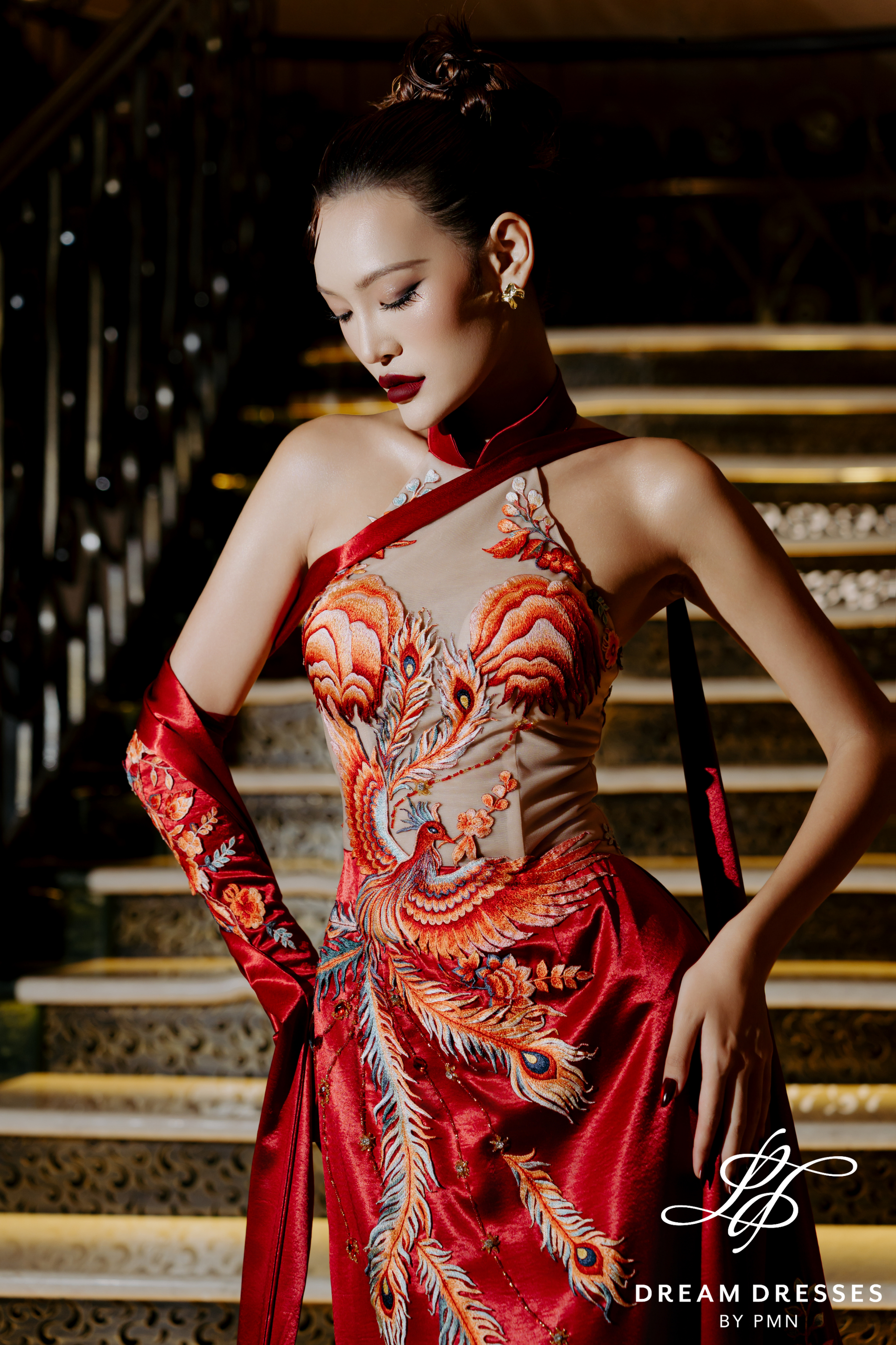 Red Phoenix Embroidered Modern Bridal Ao Dai (#XICHPHUONG) - Dream Dresses by P.M.N.