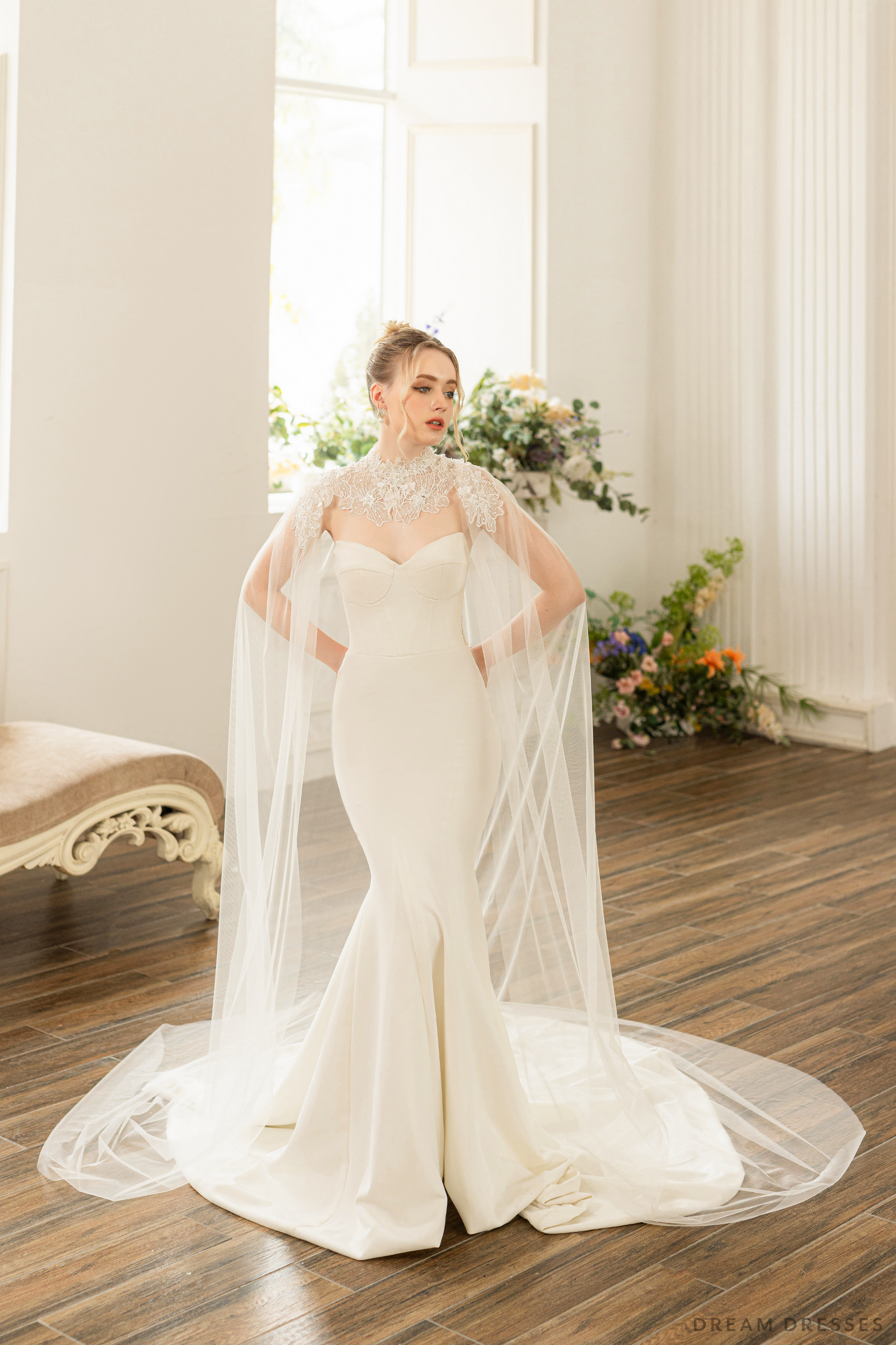 Couture Floral Lace Bridal Cape (#ELOSIA) - Dream Dresses by P.M.N.