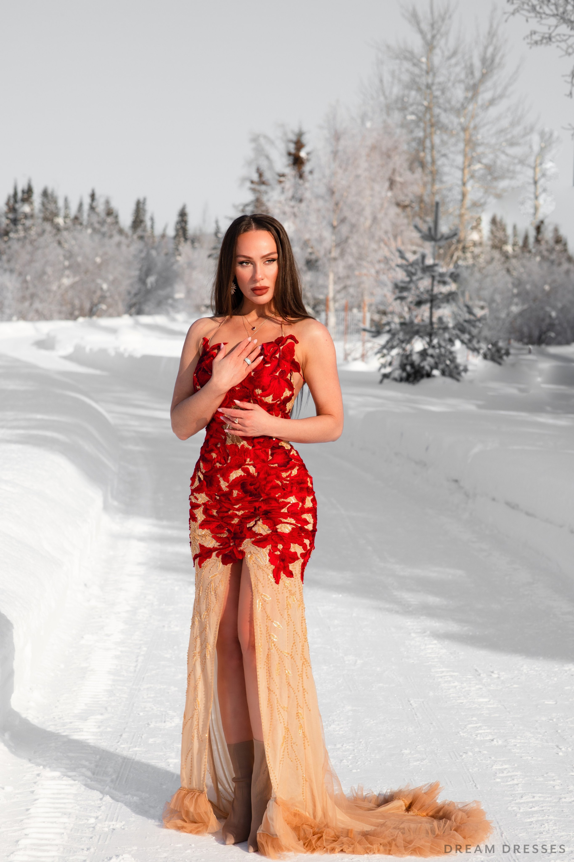 Red Evening Gown with Custom Embroidery (#LILIANE)