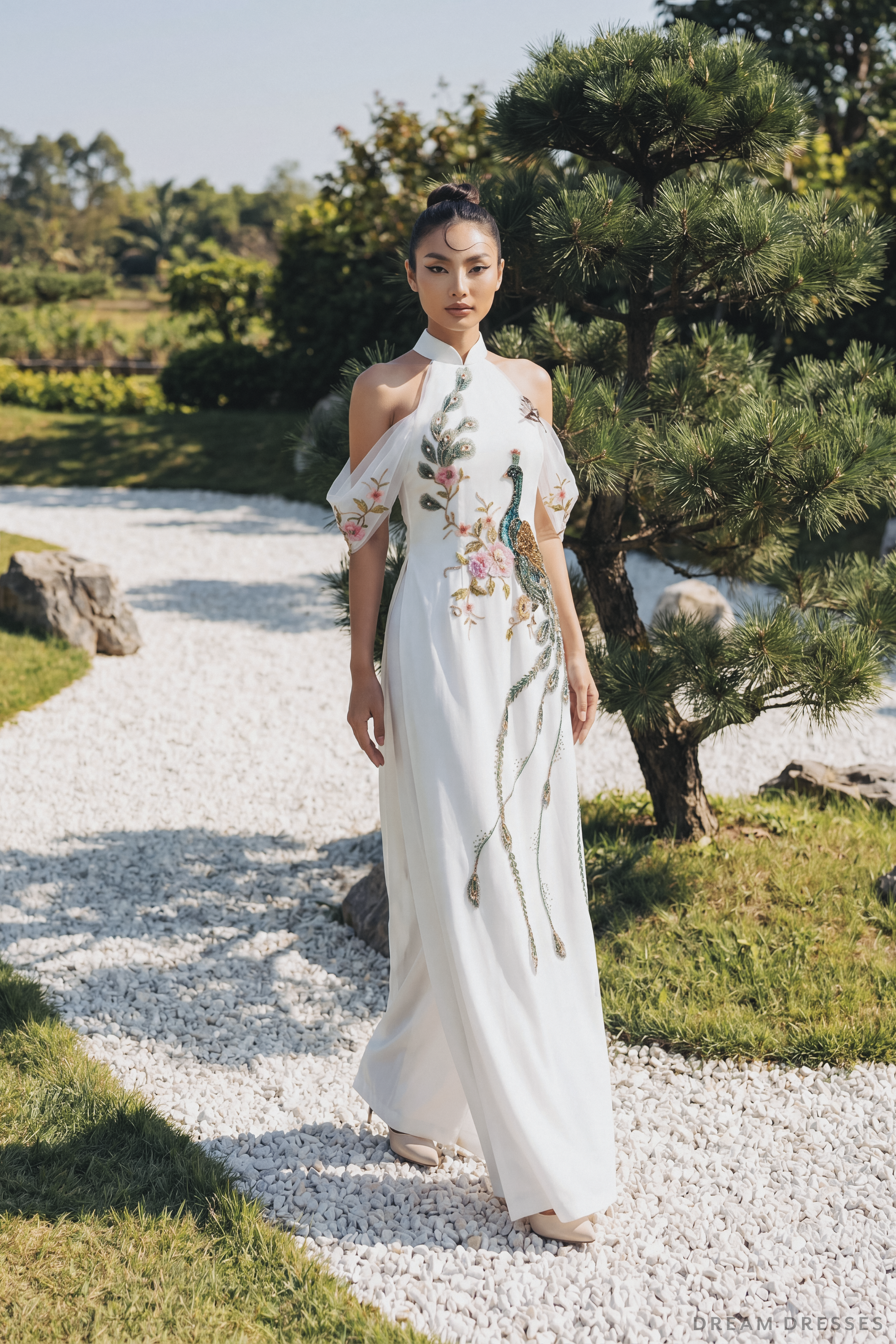 White Bridal Ao Dai with Peacock Embellishments | Modern Vietnamese Bridal Dress (#AILA)
