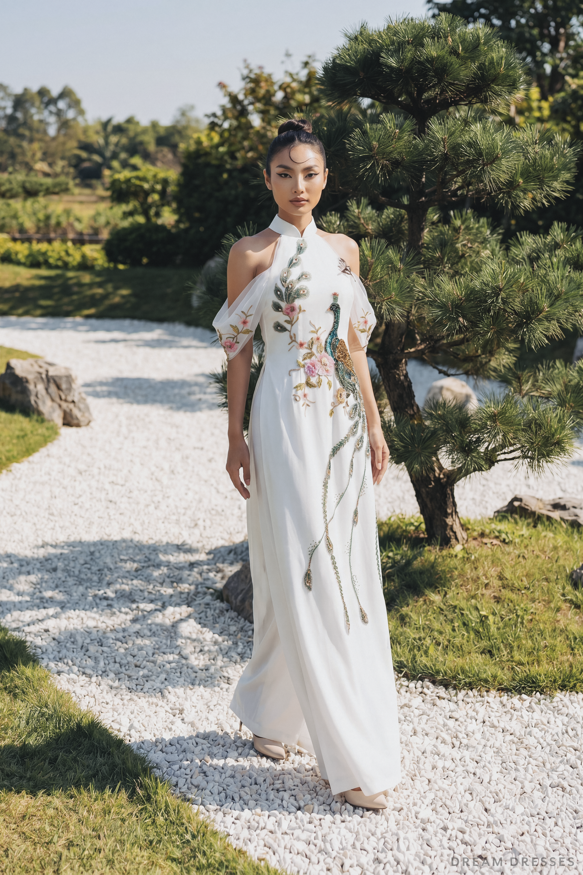 White Bridal Ao Dai with Peacock Embellishments | Modern Vietnamese Bridal Dress (#AILA) - Dream Dresses by P.M.N.