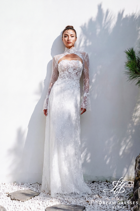 White Bridal Ao Dai with French Lace (#HUONG) - Dream Dresses by P.M.N.