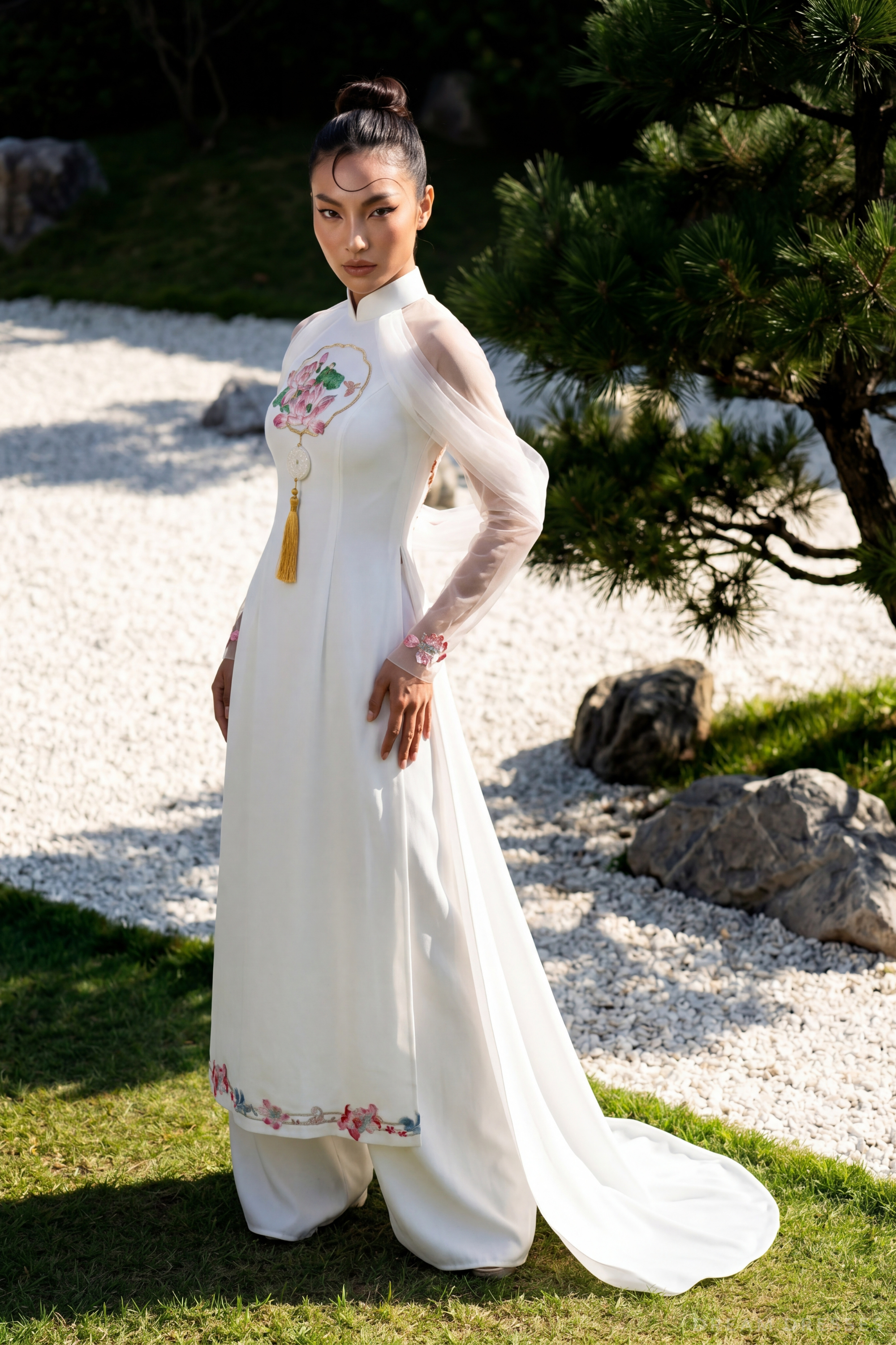 White Bridal Embroidery Ao Dai | Modern Vietnamese Bridal Dress (#REGINYA)
