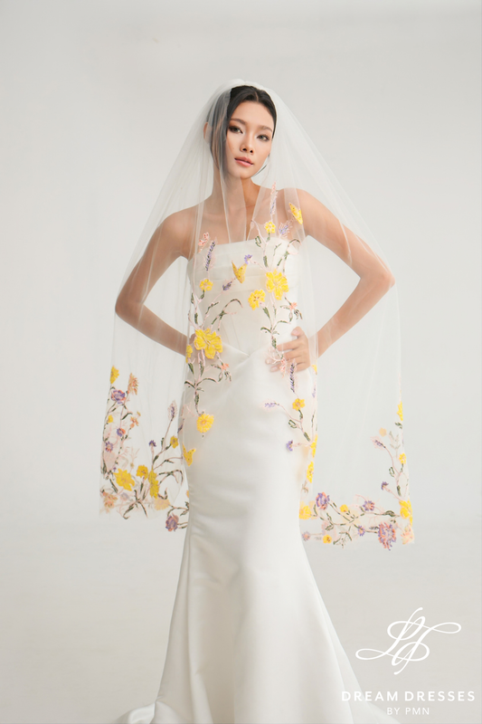 Fingertip Length Veil with Floral Lace (#LYRA) - Dream Dresses by P.M.N.