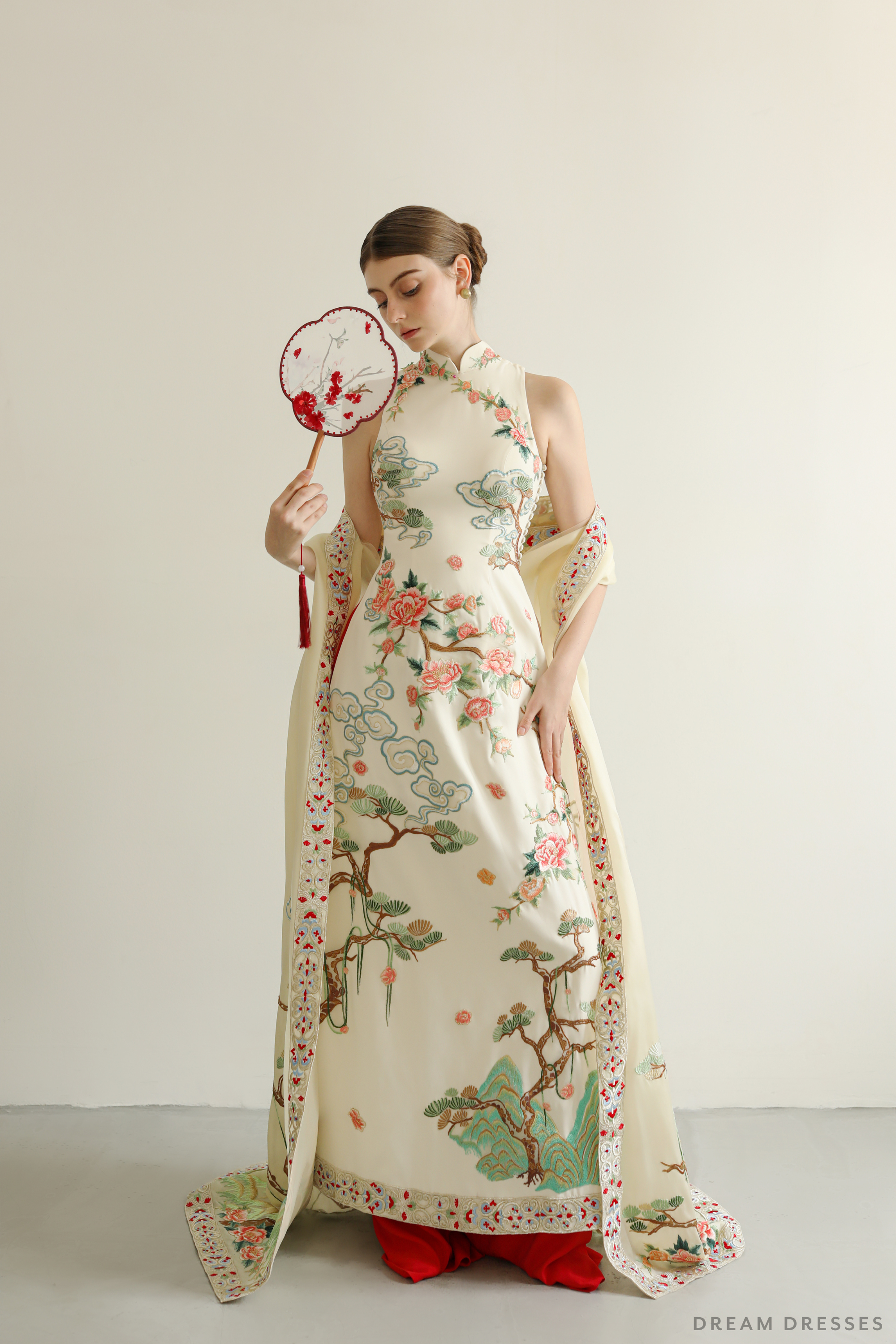 DreamDress By PMN Kenzell Cheongsam Inspired Ao Dai Wedding Dress Gown Cream Illusion Back Dress Red Pants | Size: 14 | With Custom Designed Cape DreamDress By PMN Kenzell Cheongsam Inspired Ao Dai Wedding Dress Gown Cream Illusion Back Dress Red Pants | Size: 14 | With Custom Designed Cape