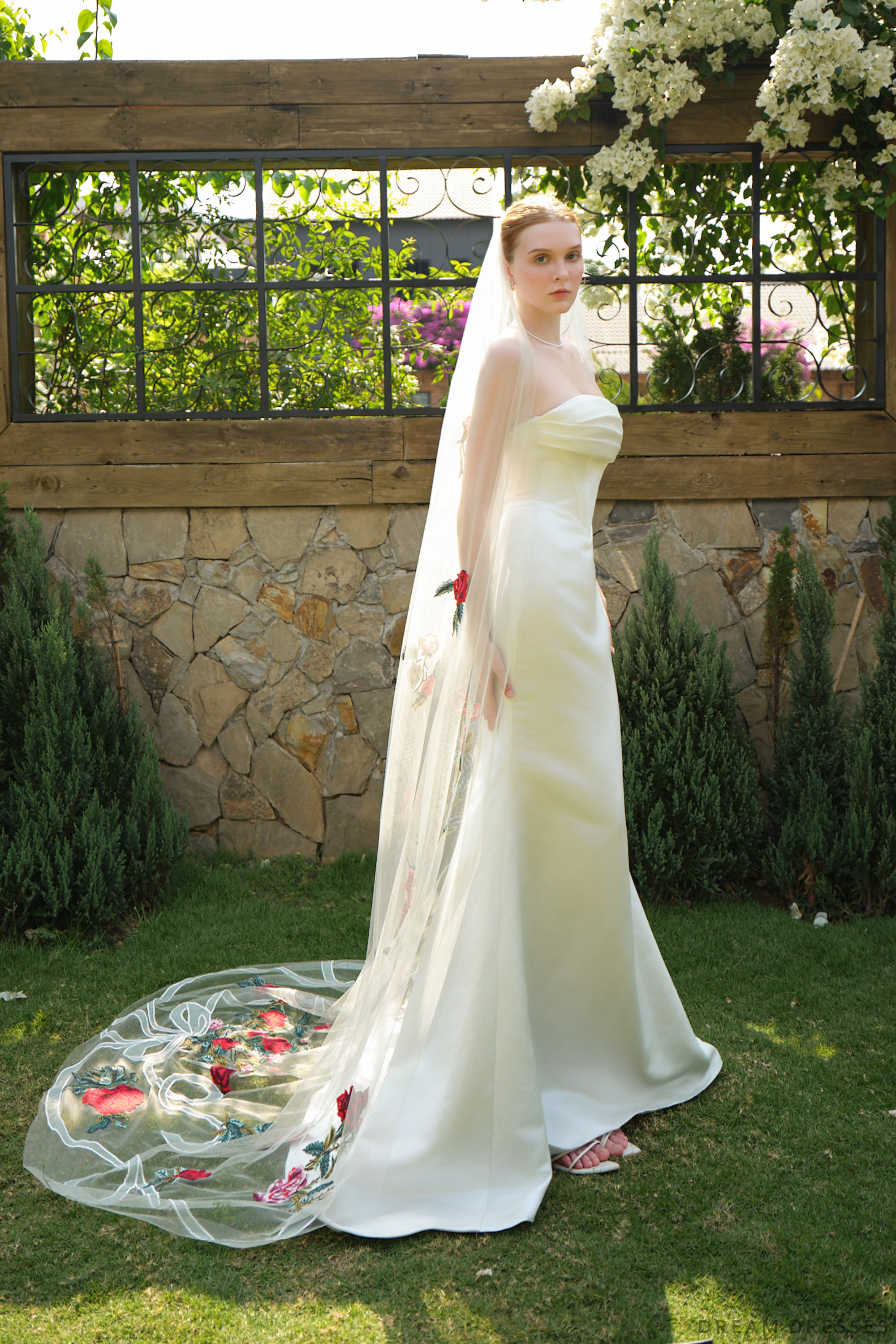 red rose wedding dress DreamDress By PMN Jenny Light Ivory Wedding Veil Red Rose Embroidered Hand-Sewn With Couture Precision