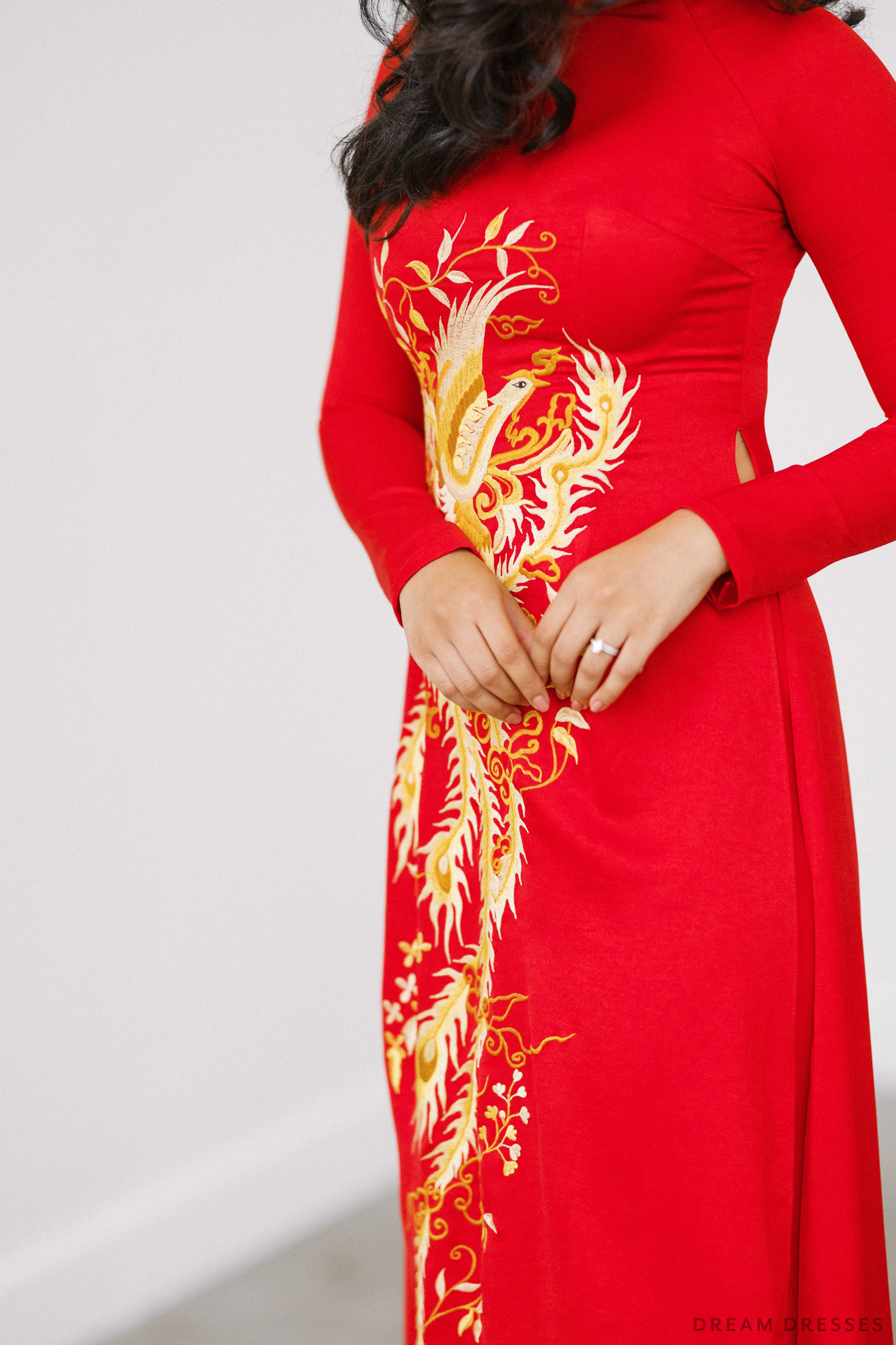 Red Bridal Ao Dai | Vietnamese Traditional Bridal Dress with Phoenix Embroidery (#PING)