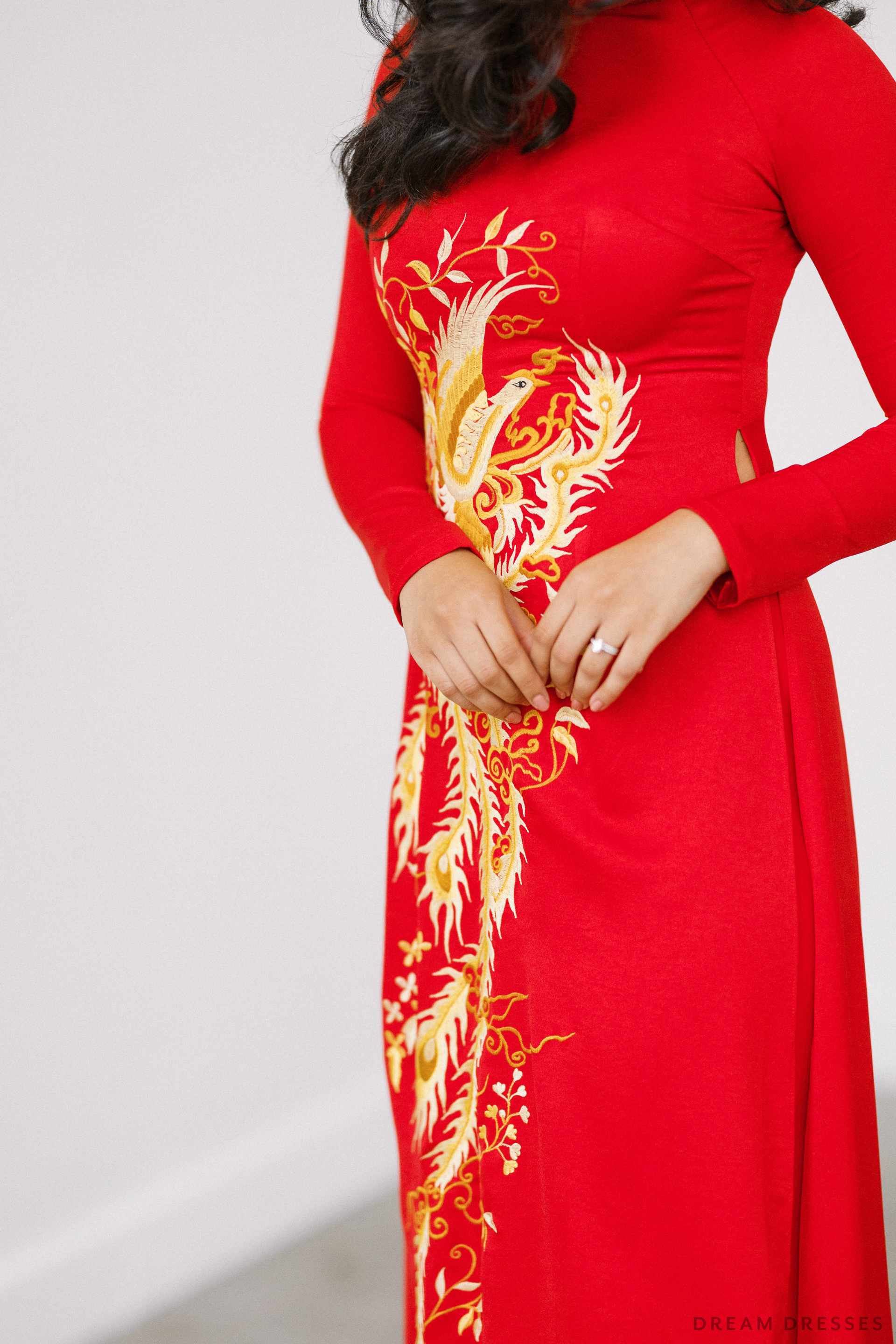 Red Bridal Ao Dai | Vietnamese Traditional Bridal Dress with Phoenix Embroidery (#PING) - Dream Dresses by P.M.N.