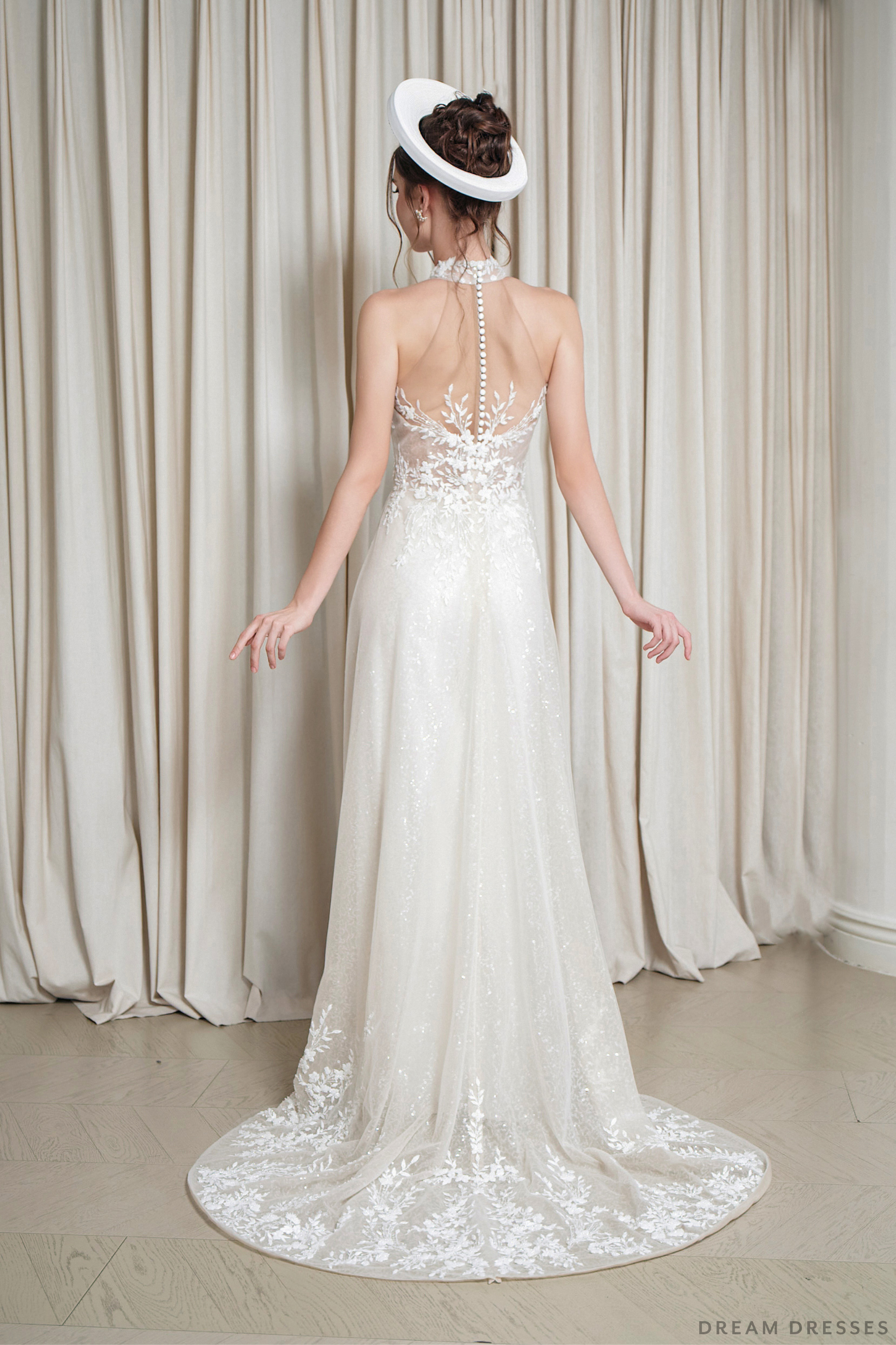 Modern White Bridal Ao Dai with Chapel Train (#ALINE)