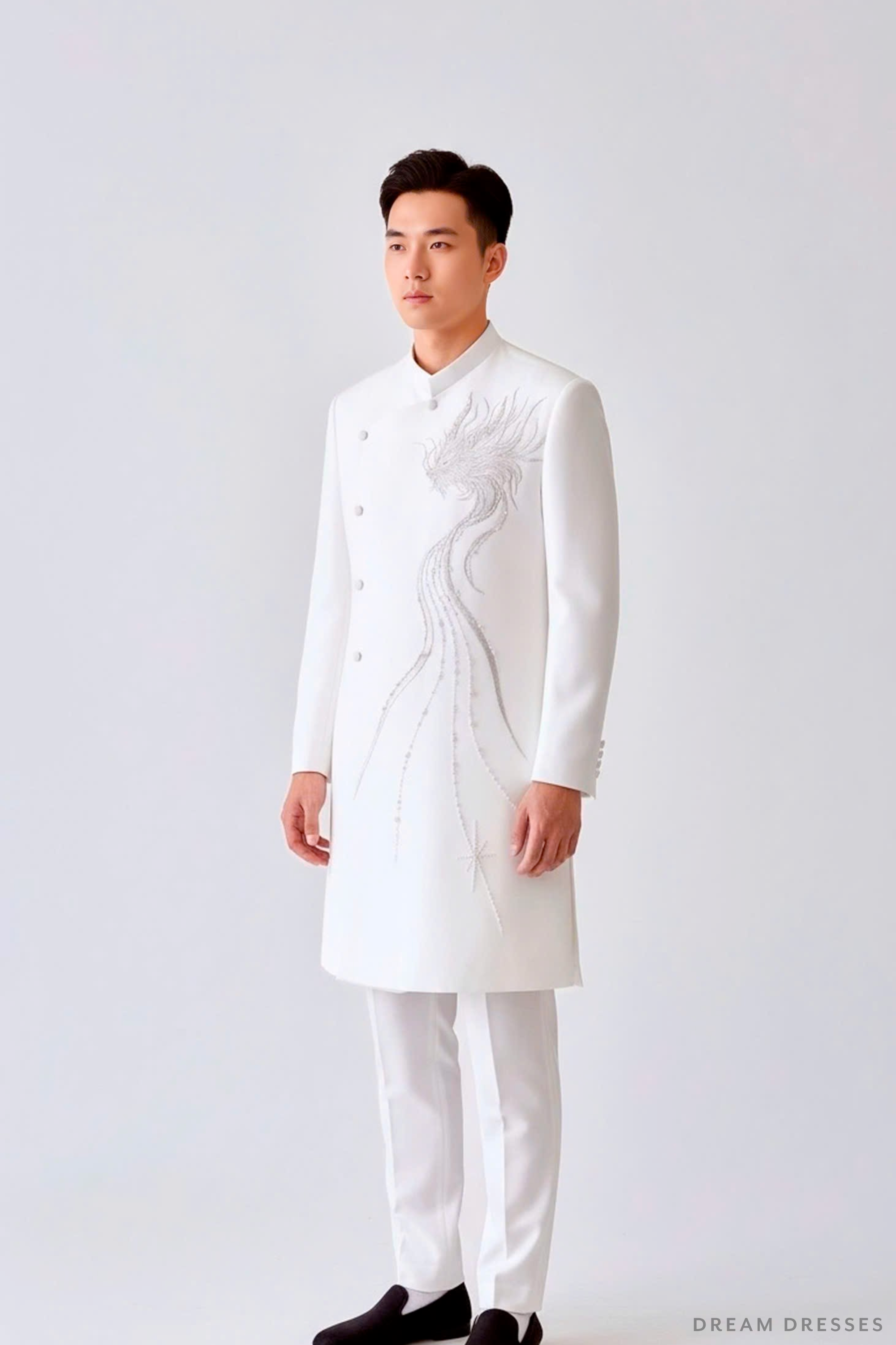 White Groom Ao Dai Jacket with Dragon Embroidery | Vietnamese Ao Dai (#DUNG)