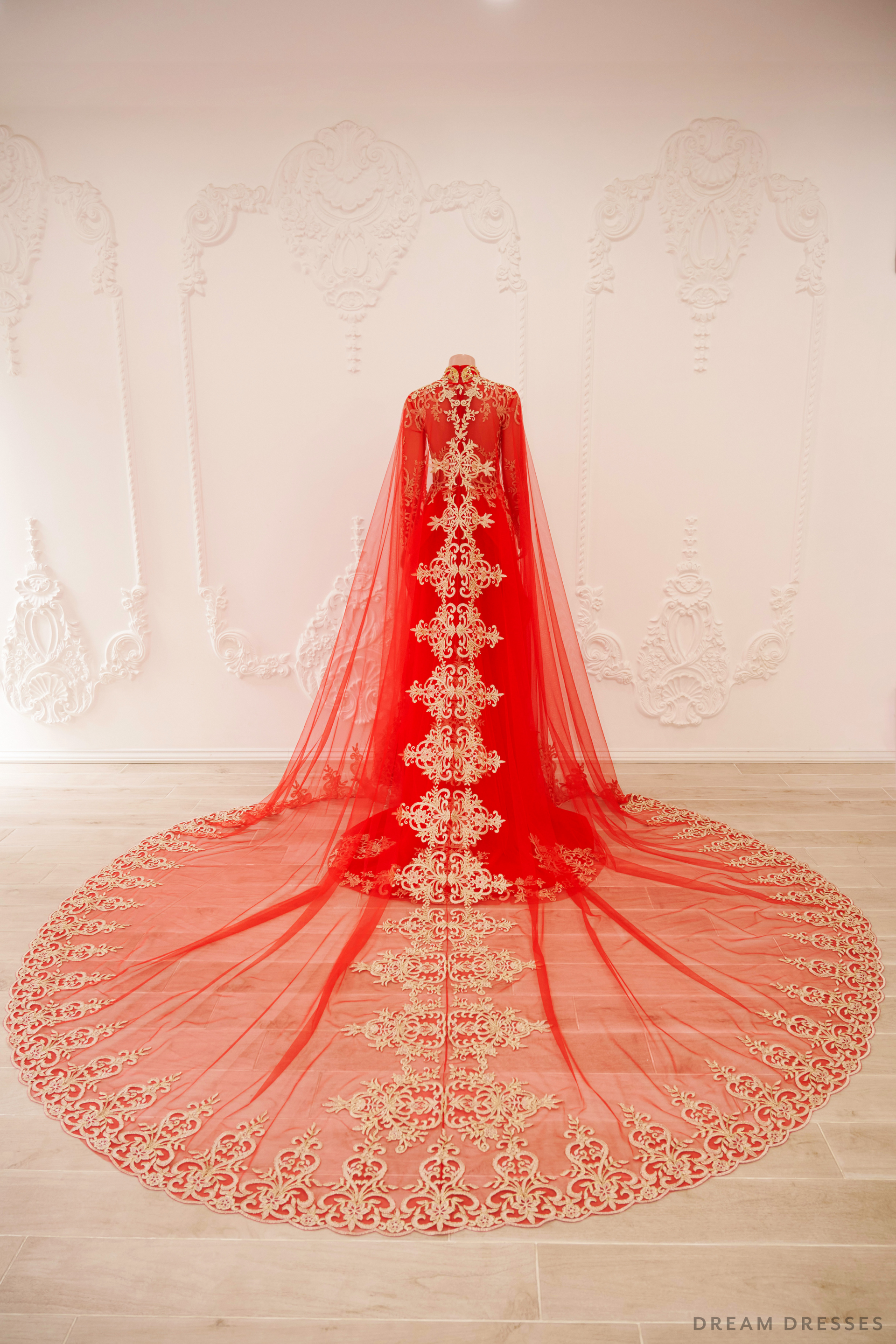 Red and Gold Ao Dai OverCoat | Traditional Vietnamese Bridal OverCoat (#TUEMINH) - Dream Dresses by P.M.N.