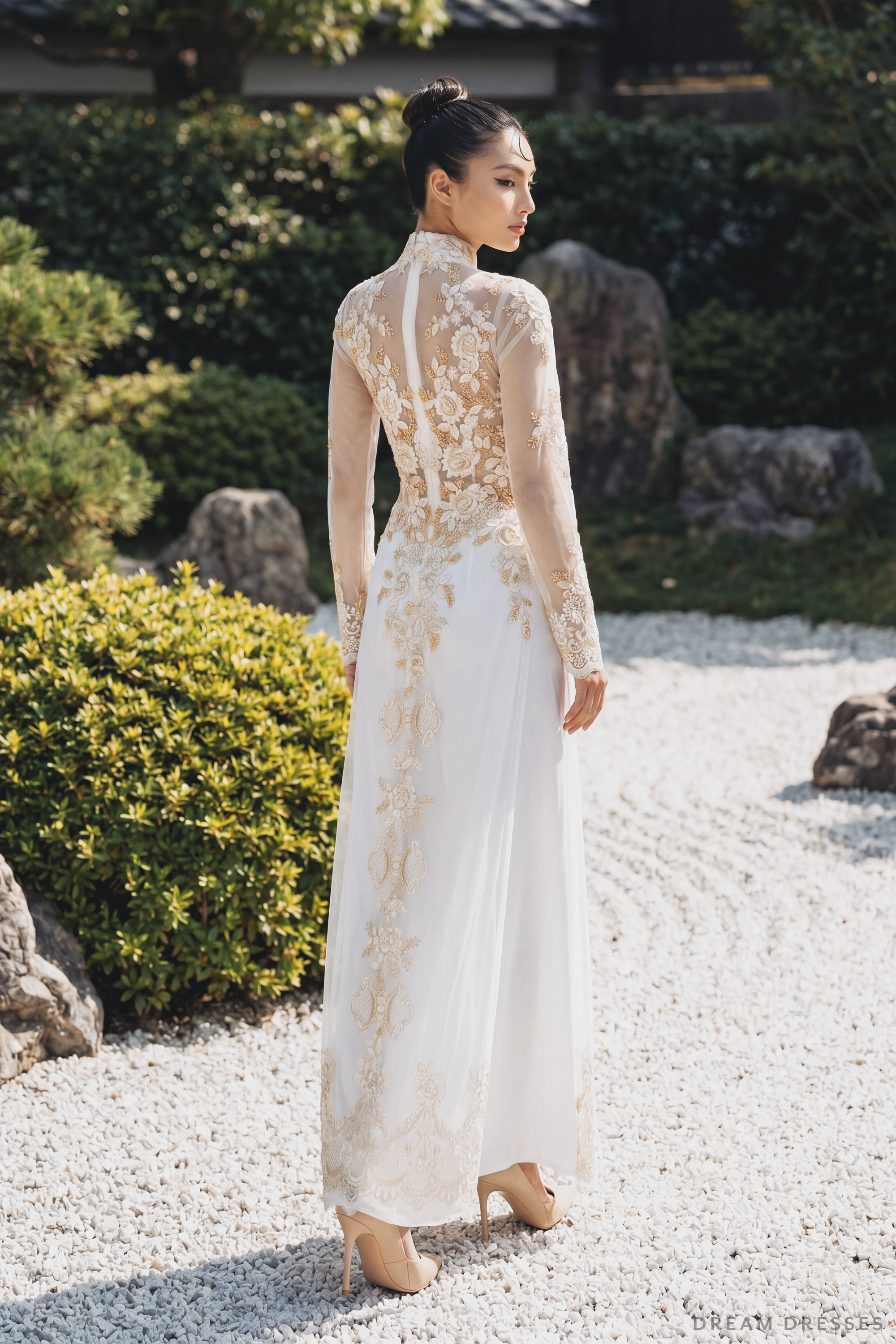 White Bridal Ao Dai with Gold Lace | Modern Vietnamese Bridal Dress (#IVY)