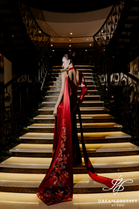 Red Phoenix Embroidered Modern Bridal Ao Dai (#XICHPHUONG) - Dream Dresses by P.M.N.