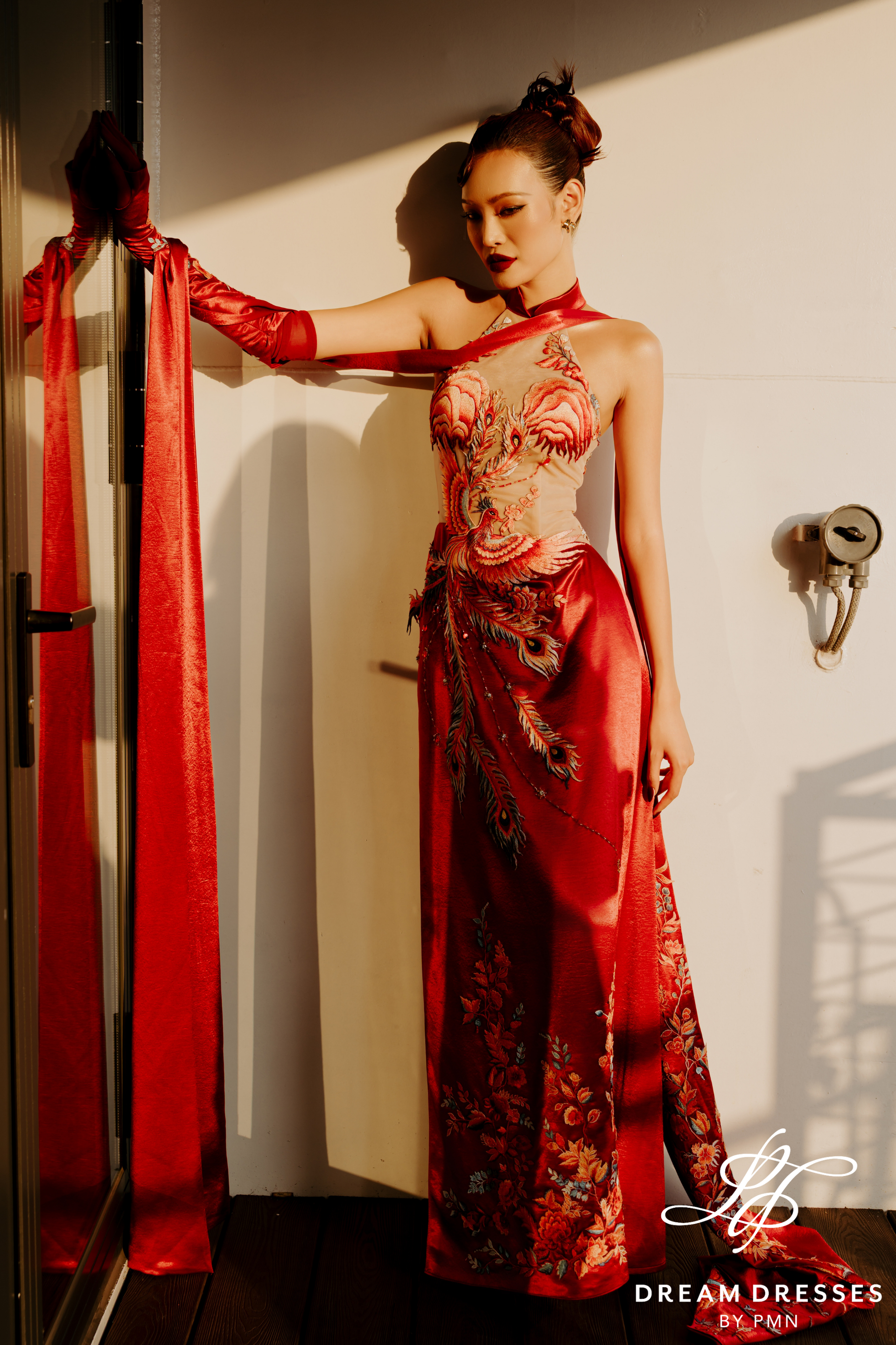 Red Phoenix Embroidered Modern Bridal Ao Dai (#XICHPHUONG) - Dream Dresses by P.M.N.
