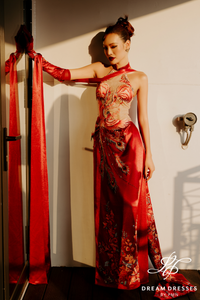 Red Phoenix Embroidered Modern Bridal Ao Dai (#XICHPHUONG) - Dream Dresses by P.M.N.