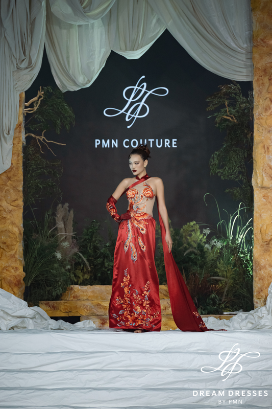 Red Phoenix Embroidered Modern Bridal Ao Dai (#XICHPHUONG) - Dream Dresses by P.M.N.