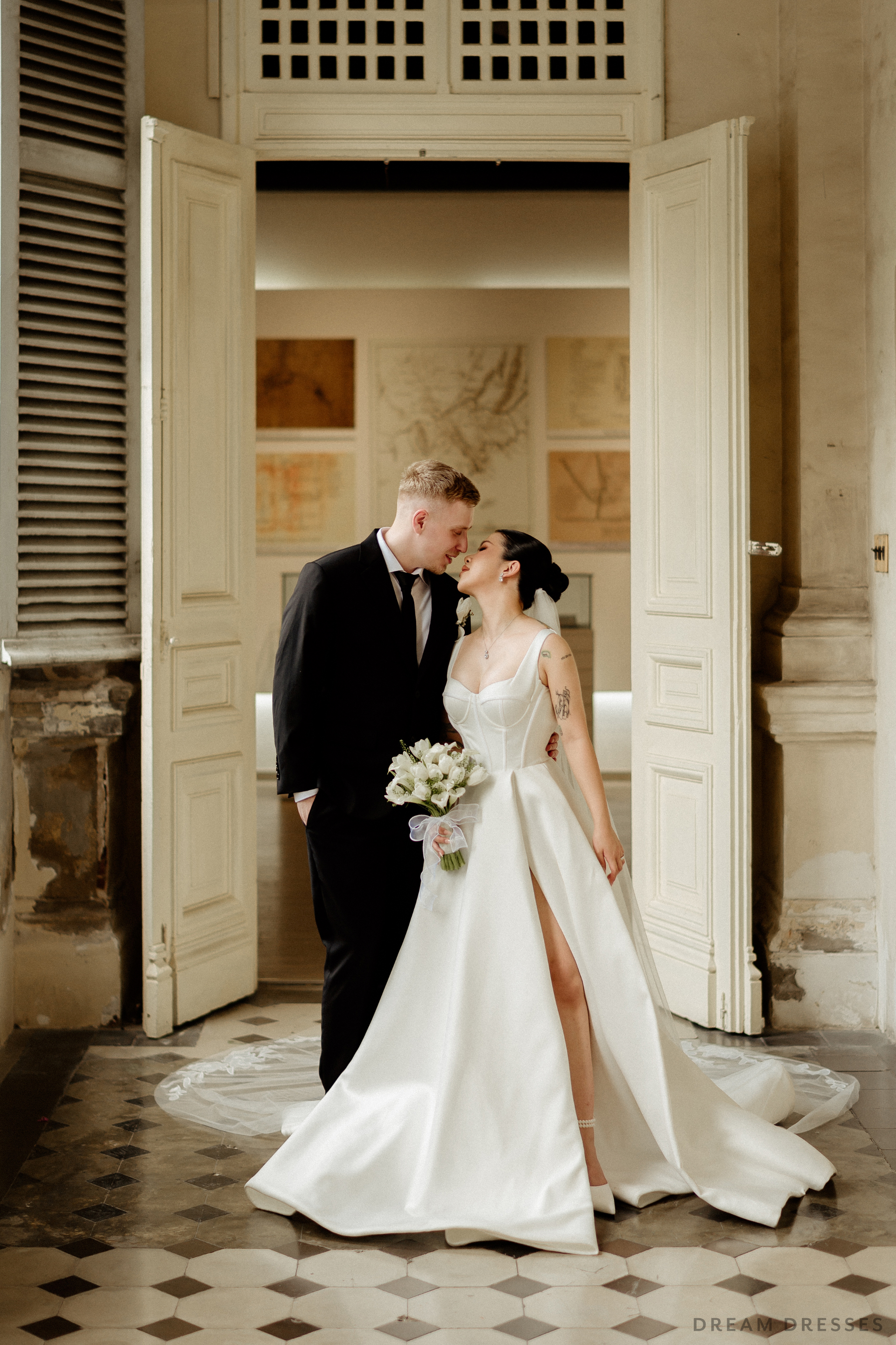 Satin Ball Gown Wedding Dress with High Slit  (#KHANHTIEN) - Dream Dresses by P.M.N.