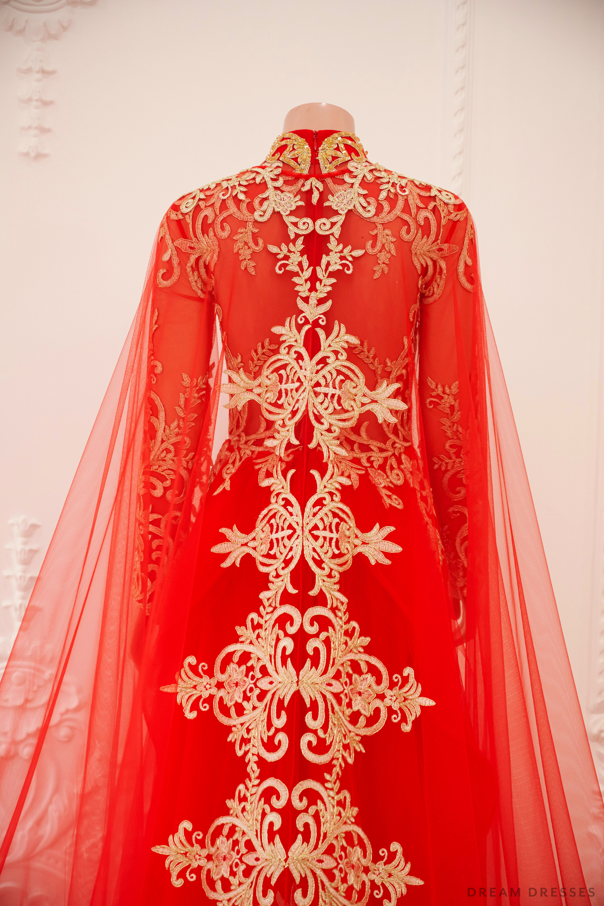 Red and Gold Ao Dai OverCoat | Traditional Vietnamese Bridal OverCoat (#TUEMINH)