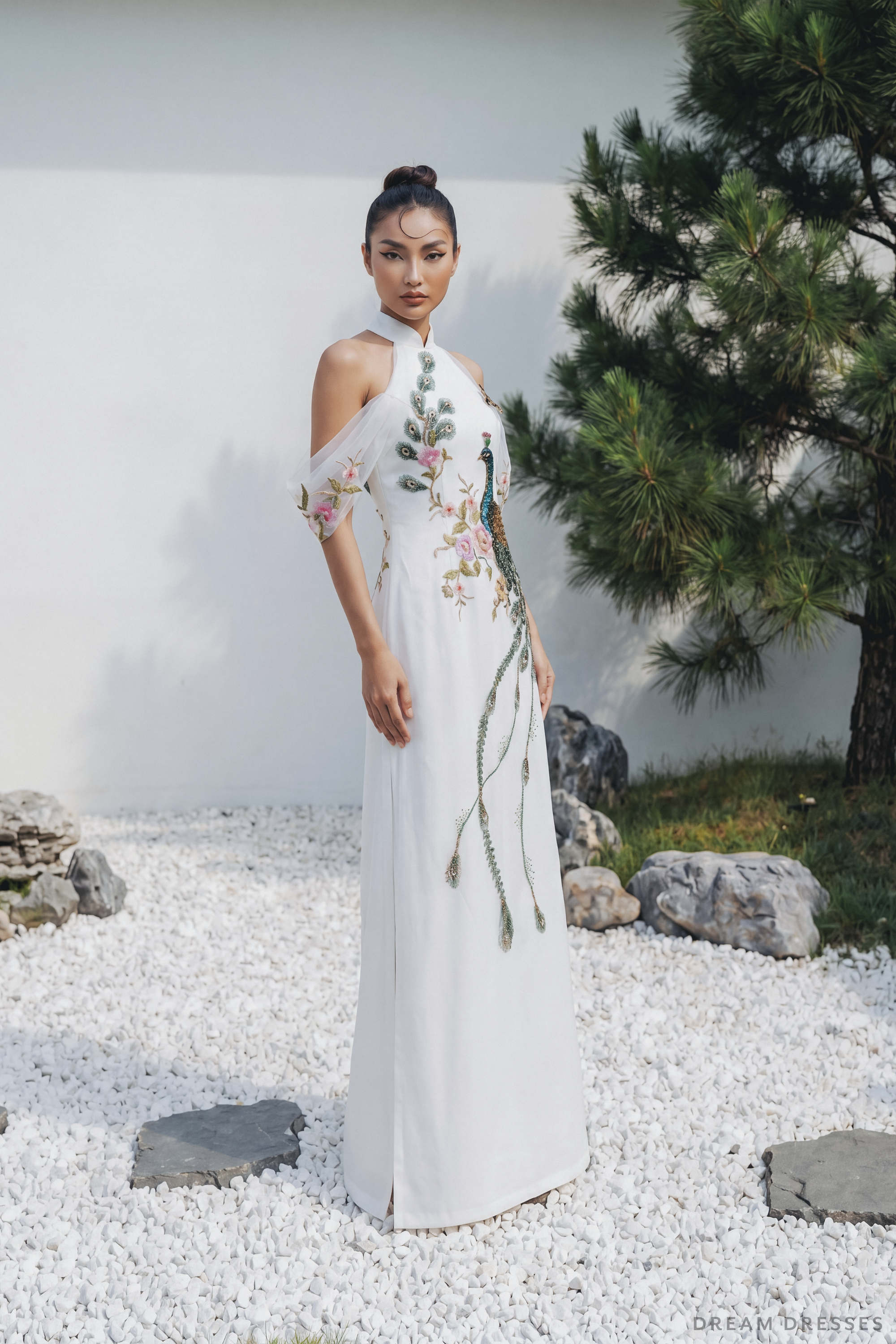 White Bridal Ao Dai with Peacock Embellishments | Modern Vietnamese Bridal Dress (#AILA)