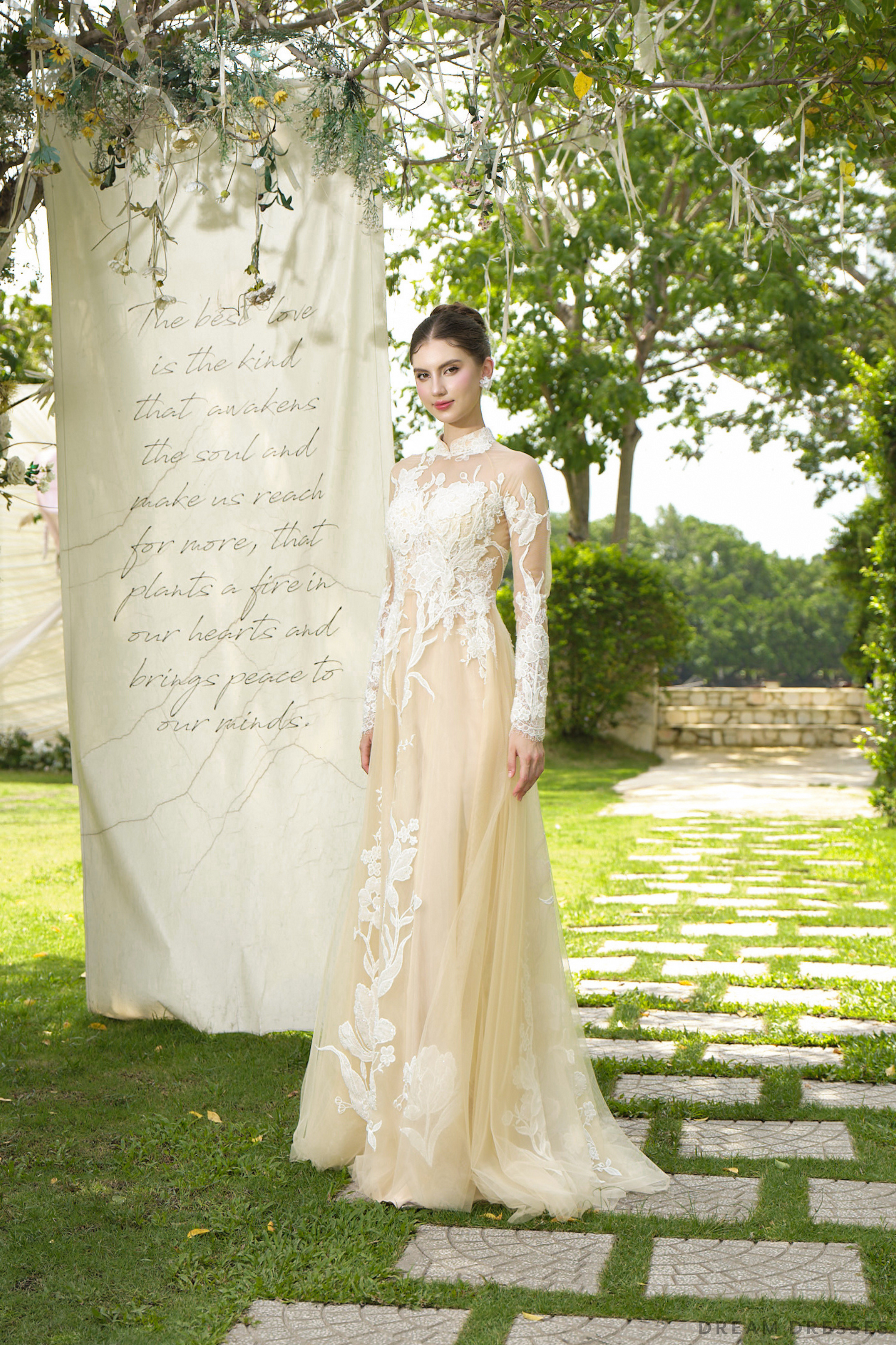 Champagne Bridal Ao Dai | Modern Vietnamese Bridal Dress (#TULIPE) - Dream Dresses by P.M.N.