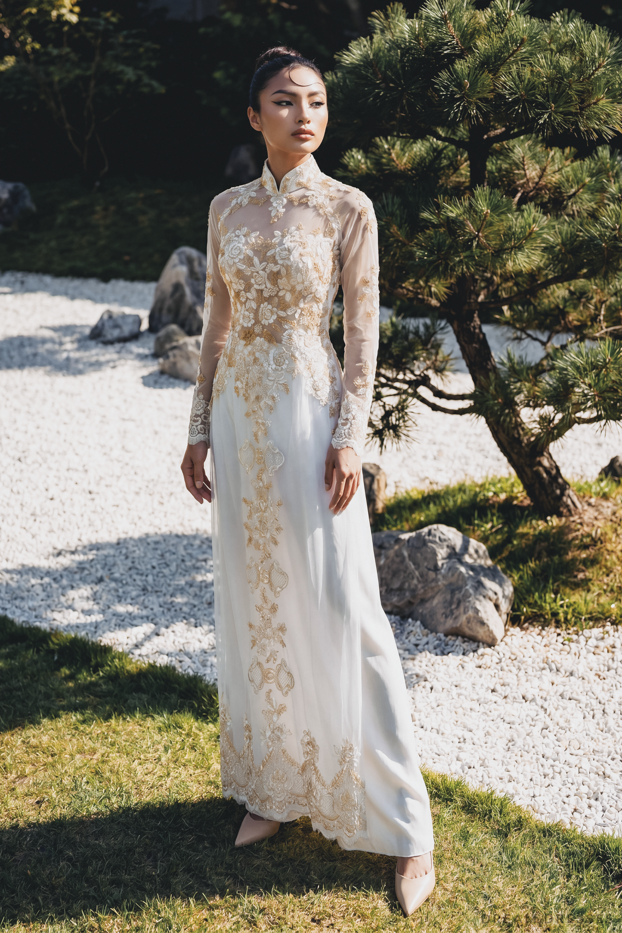 White Bridal Ao Dai with Gold Lace | Modern Vietnamese Bridal Dress (#IVY)