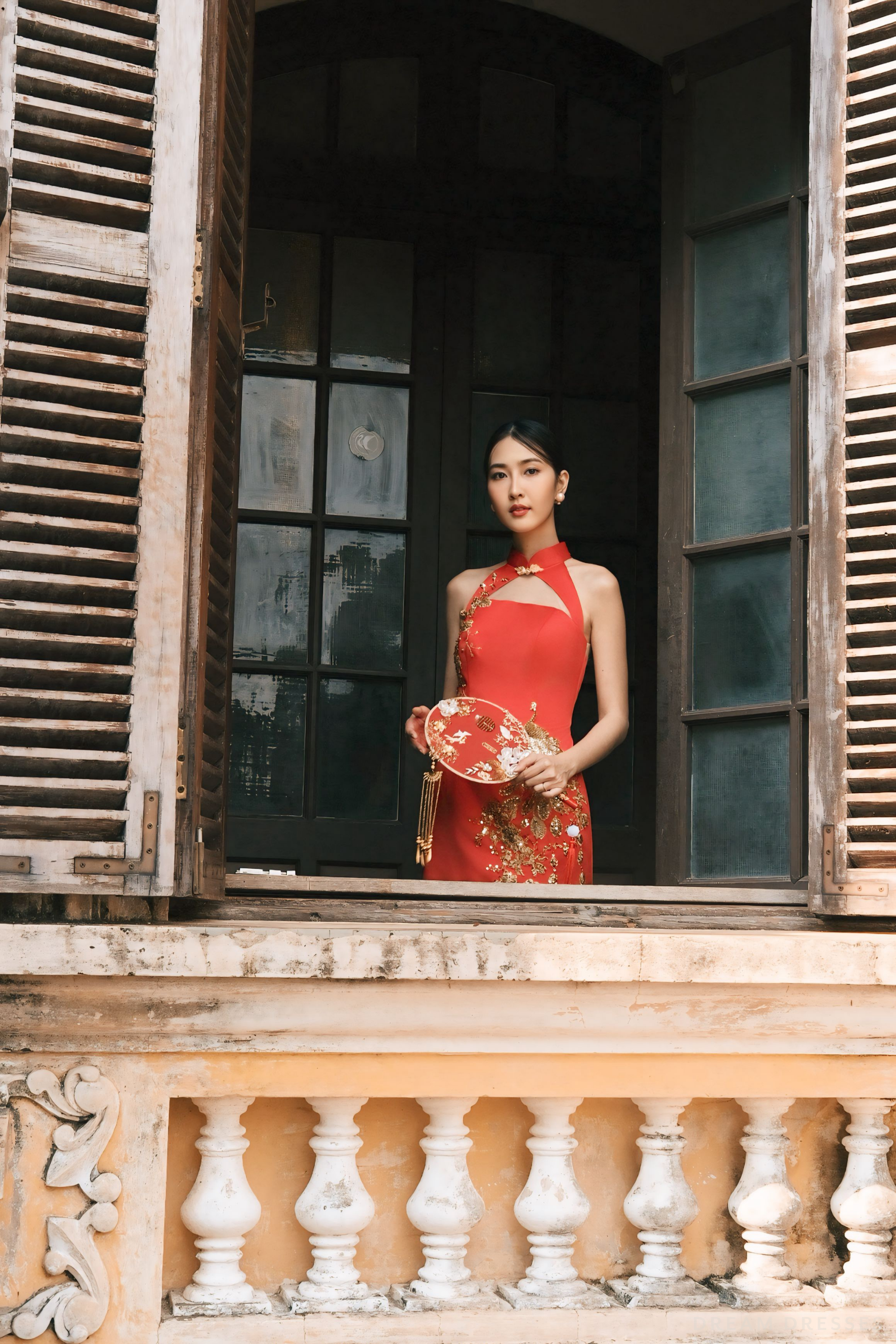 cheongsam red dress DreamDress By PMN Mae Chinese Cheongsam Inspired Wedding Dress Gown Cut-Out Neckline Illusion Back Golden Phoenix Lace Embellishments