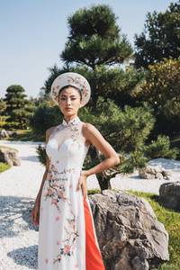 Cheongsam-Inspired Ao Dai | Ivory Silk Ao Dai with Embroidery (#YUE) - Dream Dresses by P.M.N.