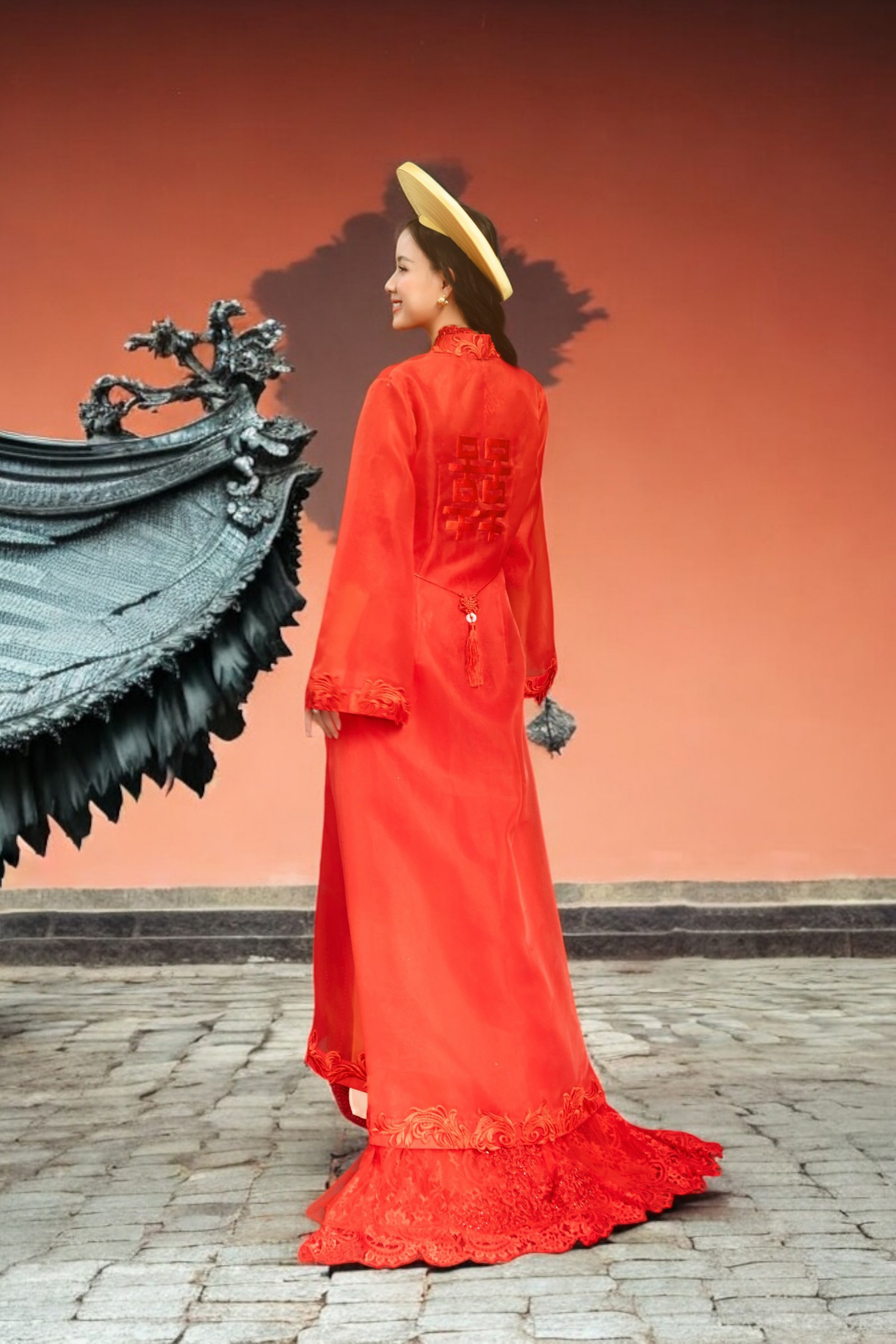 Red and Gold Ao Dai OverCoat | Traditional Vietnamese Bridal OverCoat  (#ANNA) - Dream Dresses by P.M.N.